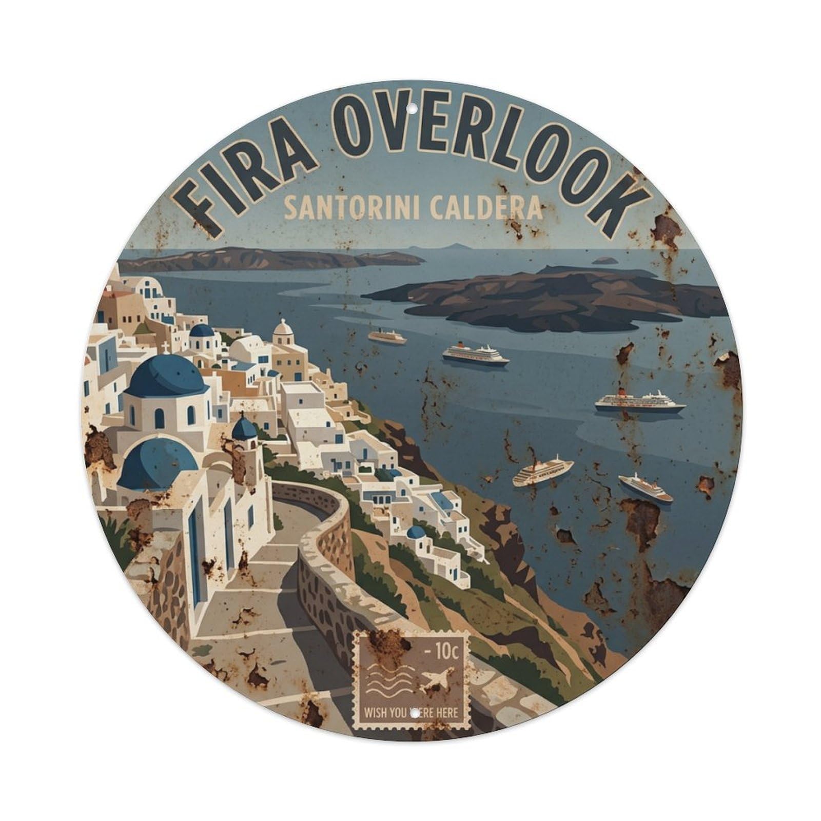 Galvaxio Style Vintage Travel Fira Santorini Overlook Metal Tin Sign