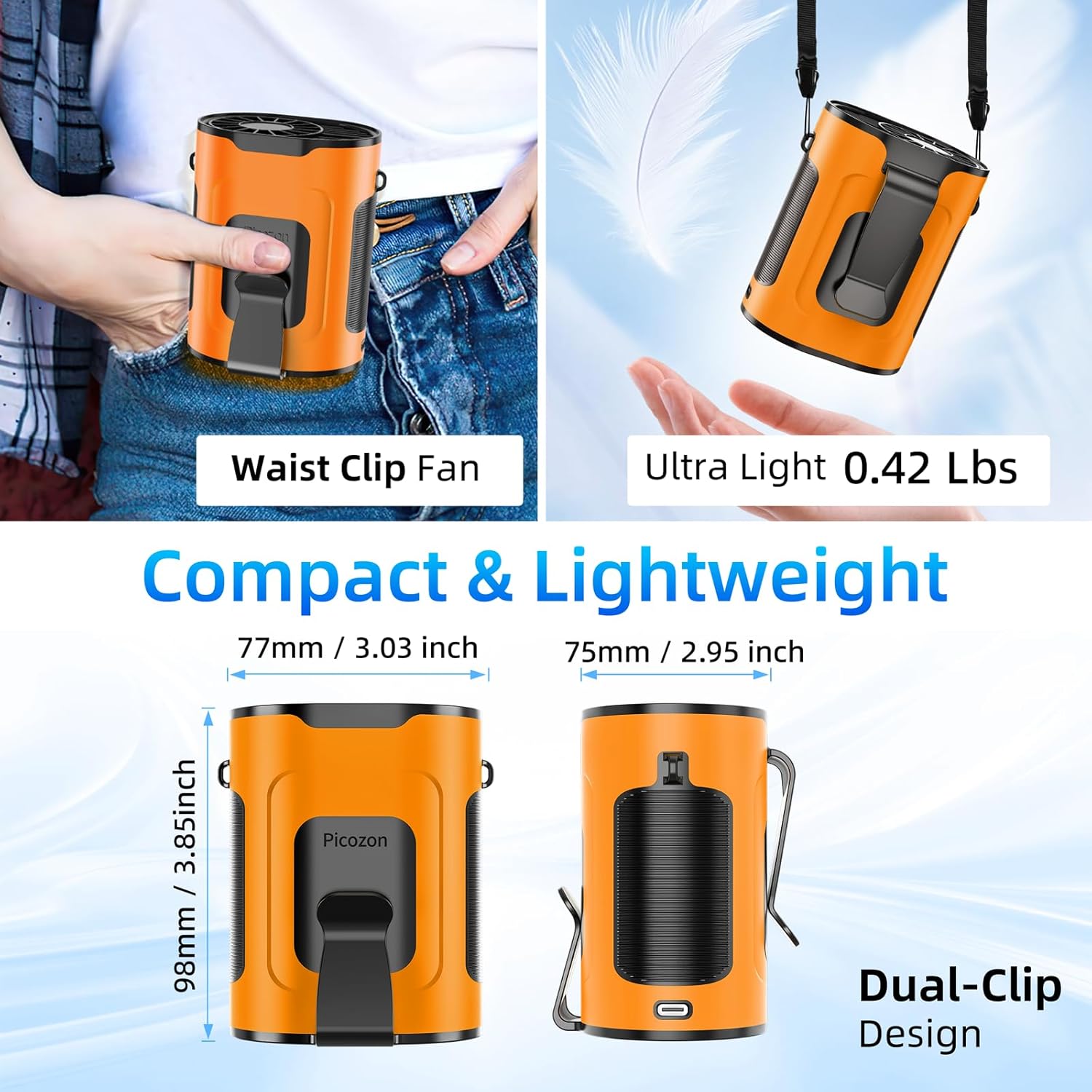 Picozon Portable Smart AI Fan, 9000 RPM Strong Airflow, Rechargeable 4 Speeds Hands-free Wearable Waist Clip Necklace Fan with 20H Non-Stop Cooling System for Outdoor, Hiking Jobsite Camping - Orange