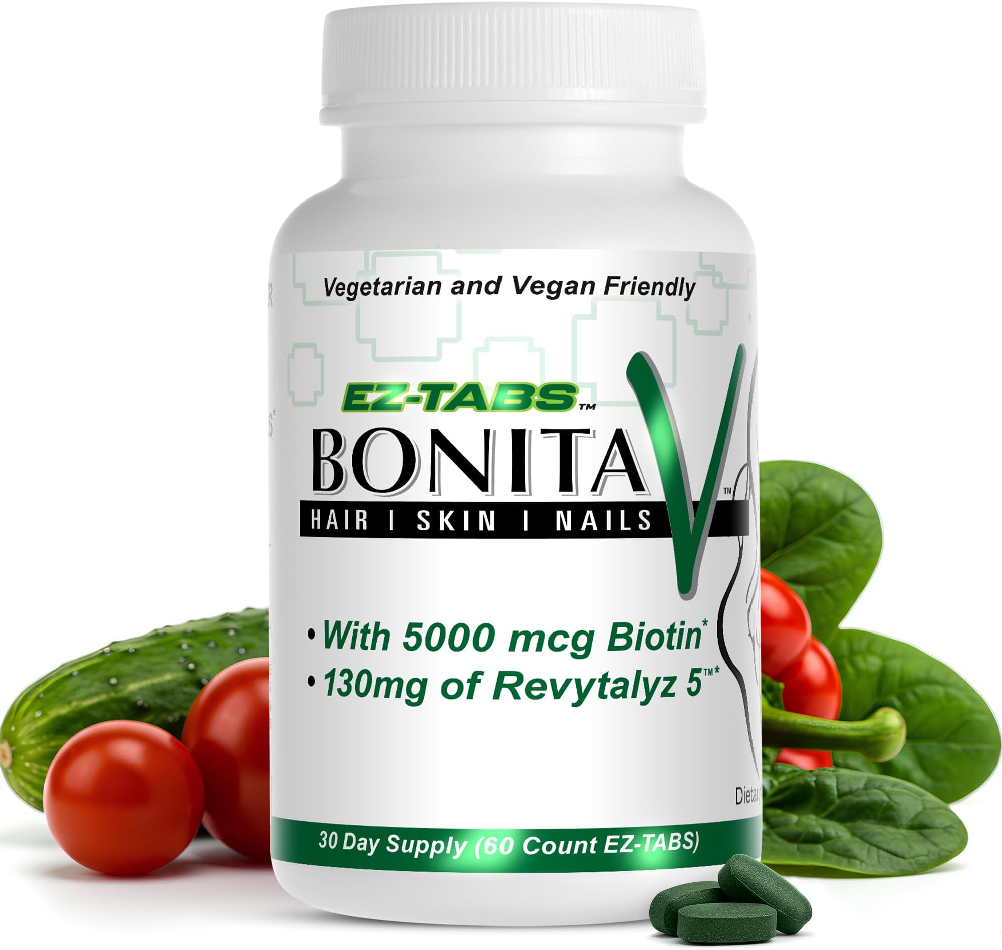 Essential Source Bonita V - Hair, Skin & Nails Vitamins for Women and Men - 20 Active Ingredients with 5000 mcg Biotin - Revytalyz 5 Collagen Support Blend - Easy-Swallow Vegan Tablets (60 EZ-TAB)
