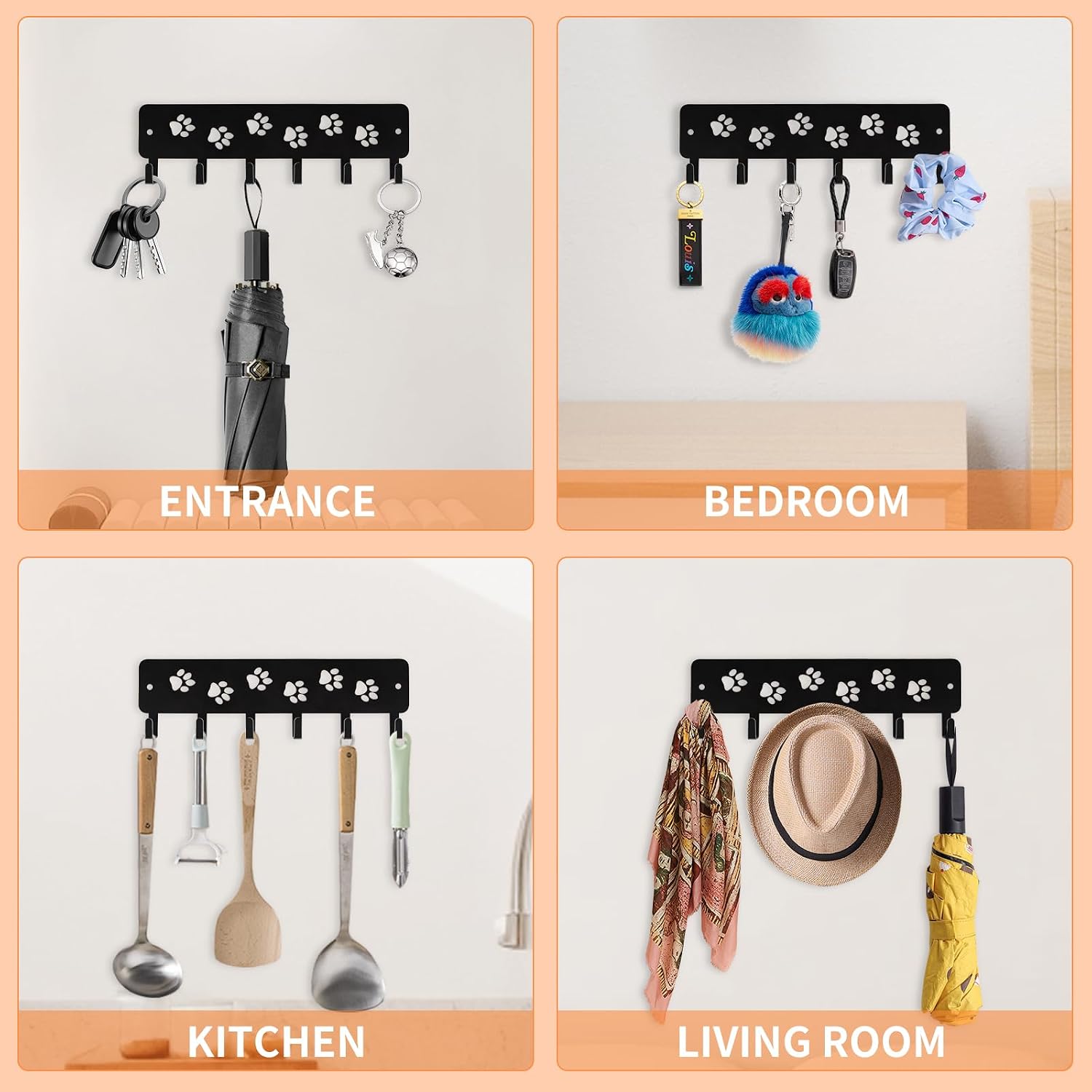 Key Hooks Key Holder Decorative Dog Leash Holder for Wall, 6 Hooks 9.75×2.73 inch for Wall Decorative Animal Storage Rack Adhesive, Black Hooks for Entrance Living Room Kitchen-Gifts for Dog Lovers