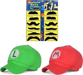 Super Mario Bros Luigi Adult Hat Cap Costume Cosplay Halloween Baseball Anime Unisex Role Play Hat (Red and Green) 2Pcs