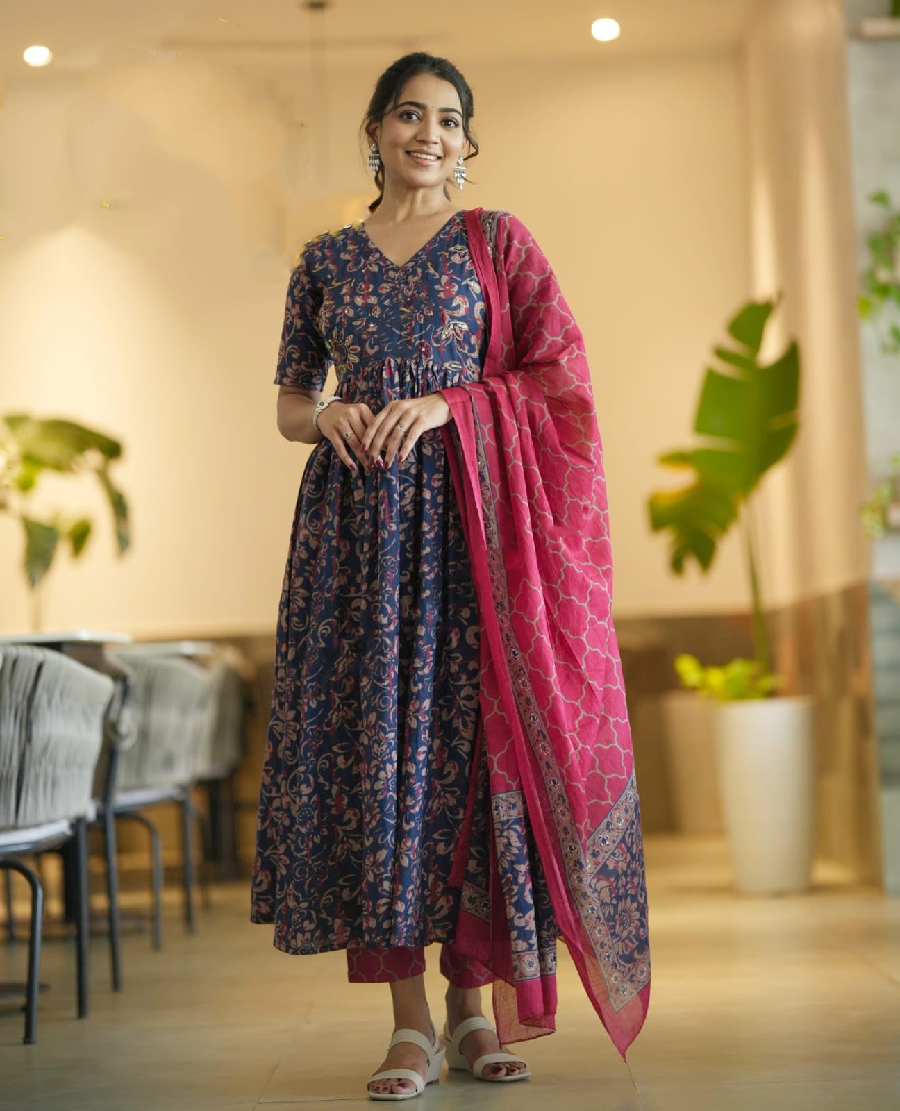 Nermosa Women Printed Anarkali Kurta and Pant Set with Dupatta (in, Alpha, S, Blue) 4