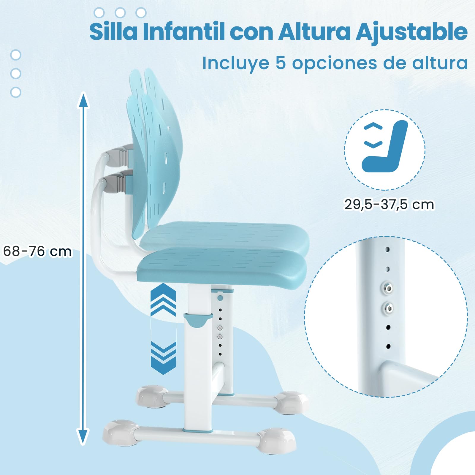 COSTWAY Silla Escritorio Infantil, Silla Juvenil para Escritorio con 5 Altura Ajustables, Doble Respaldo y Asiento Transpirable, Estructura Metálica, Asiento de Ordenador para Niños de 3+ Años (Azul)