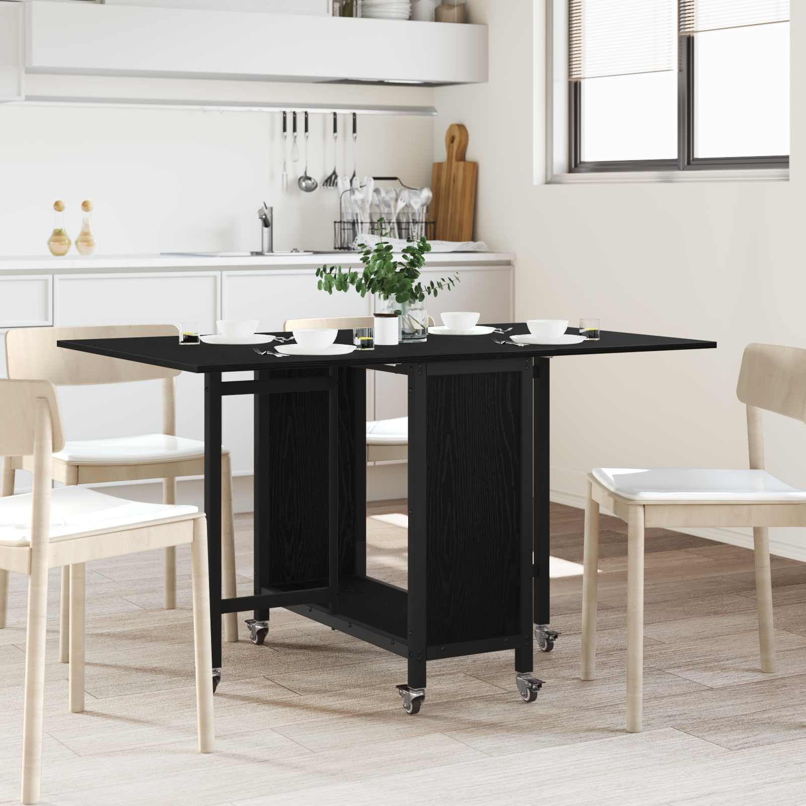 Tavolo da Pranzo Pieghevole con Ruote, Salvaspazio Rovere Nero | Tavolo pieghevole salvaspazio in legno per soggiorno e cucina con ripiano e ruote bloccabili.