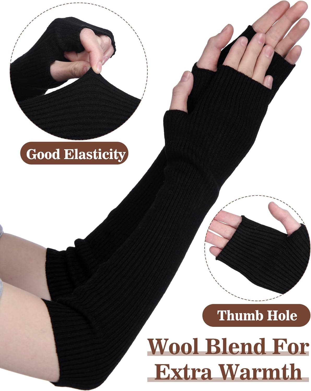 Condition photo showing New/Like New for eurzom 3 pairs wool blended arm warmers for women long fingerless gloves knit wrist warmers with thumb hole soft winter gifts black, camel, white