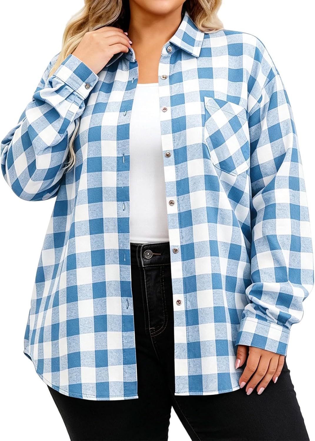 Women's Plus Size Plaid Button Down Shirt Collared Loose Fit Blouse