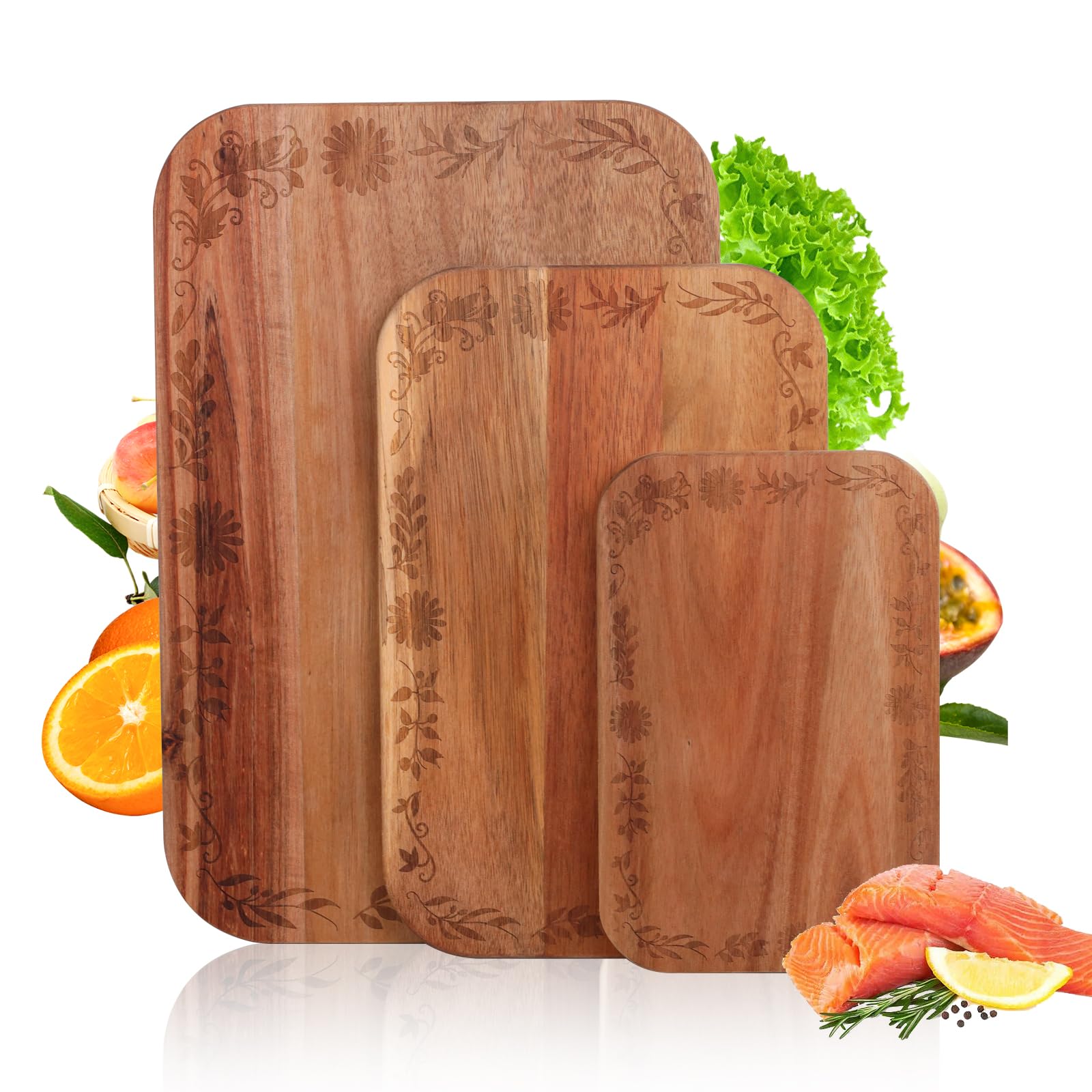 3PCS Decorative Cutting Board for Kitchen Acacia Cute Wood Cutting Boards Set Large Medium and Small Sizes with Floral Engraved Patern by Beardo