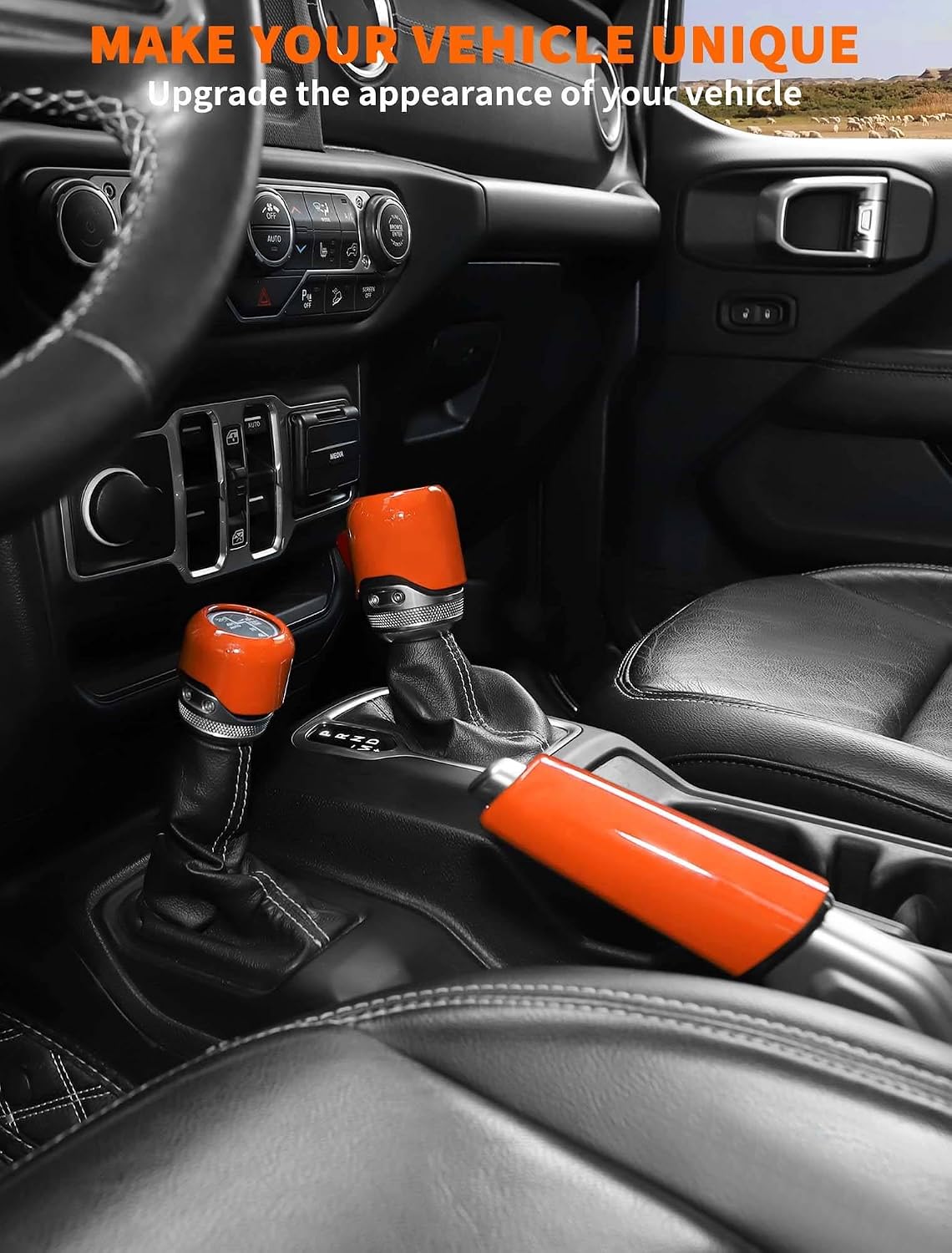 Savadicar Orange Interior Accessories - Handbrake & Gear Shift Knob Trim Set for 2018-Present Jeep Wrangler JL JLU 4XE & Gladiator JT - Solid Color Interior Decor Upgrade Option, 3-Piece