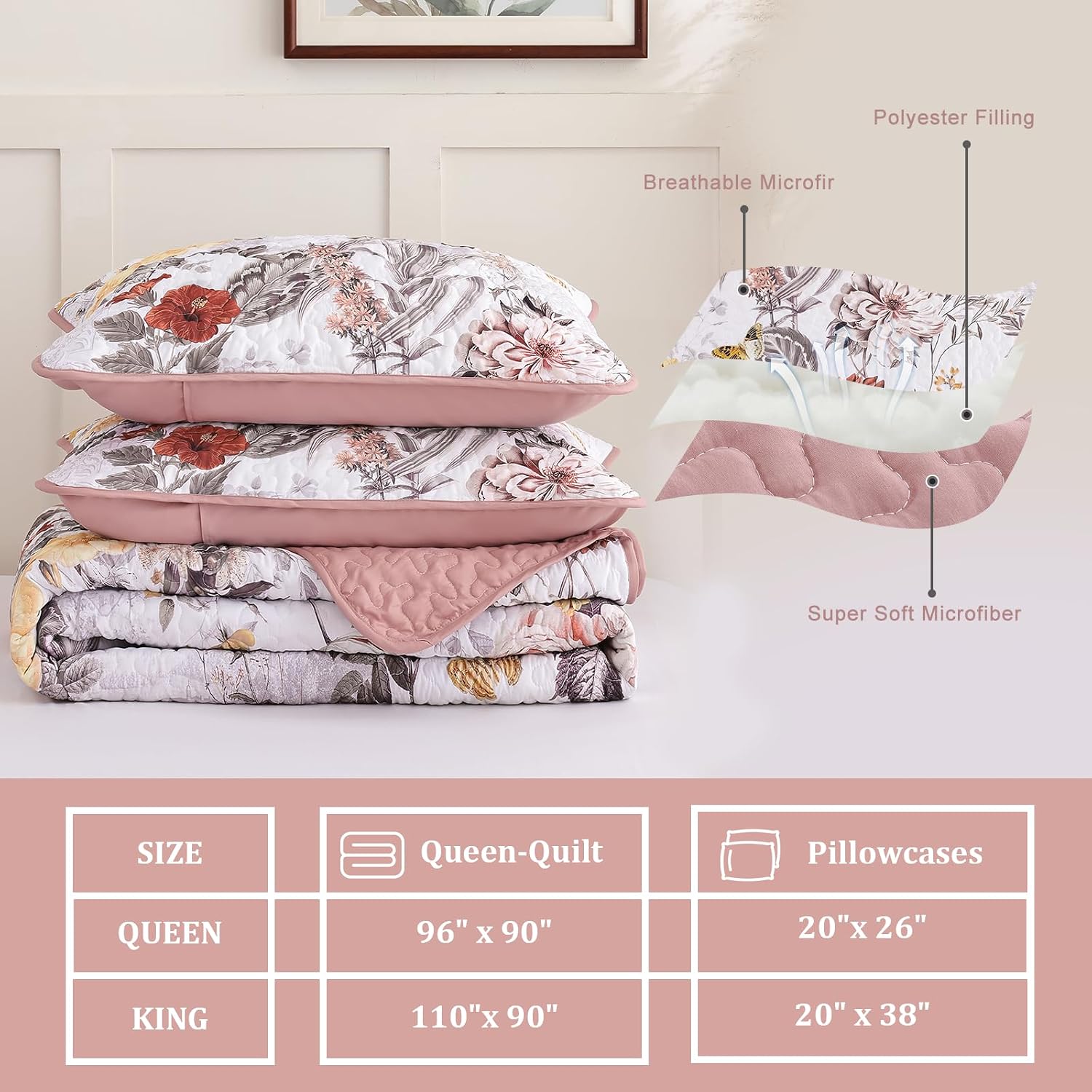 Anibedding 3 Pieces Quilt Set King Size, Pink Floral Reversible Bedspread Coverlet Set, Soft Microfiber Lightweight Bed Cover for All Season (110"x90", 1 Quilt+ 2 Pillow Shams)
