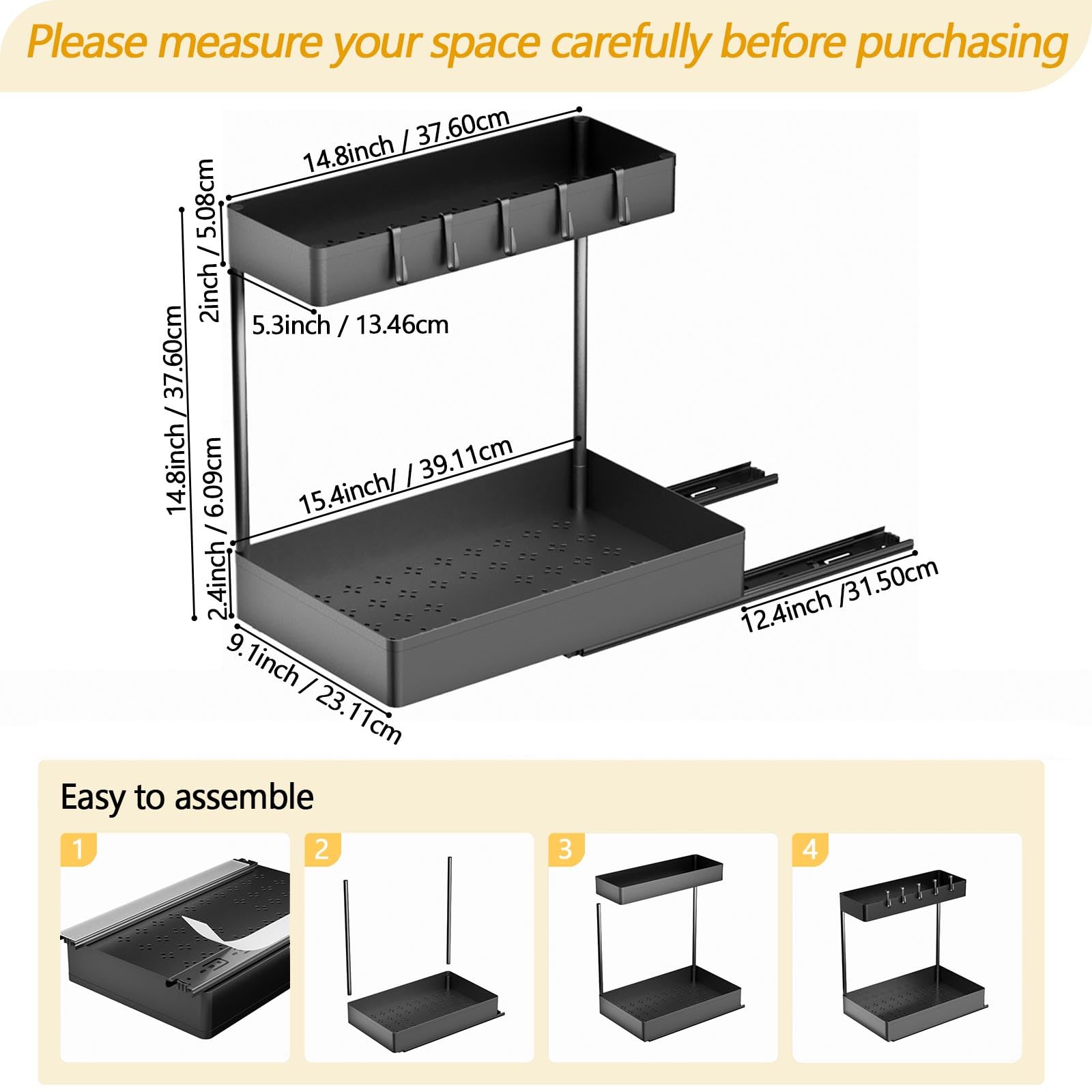 Uitschuifbaar 2-laags keukenkastje-organizer voor onder de gootsteen (215x533x385 mm) Kruidenrek Keukenplank Opbergrek Organizer voor Keuken Badkamer 245x563x485 mm (Installatieafmetingen) | NL