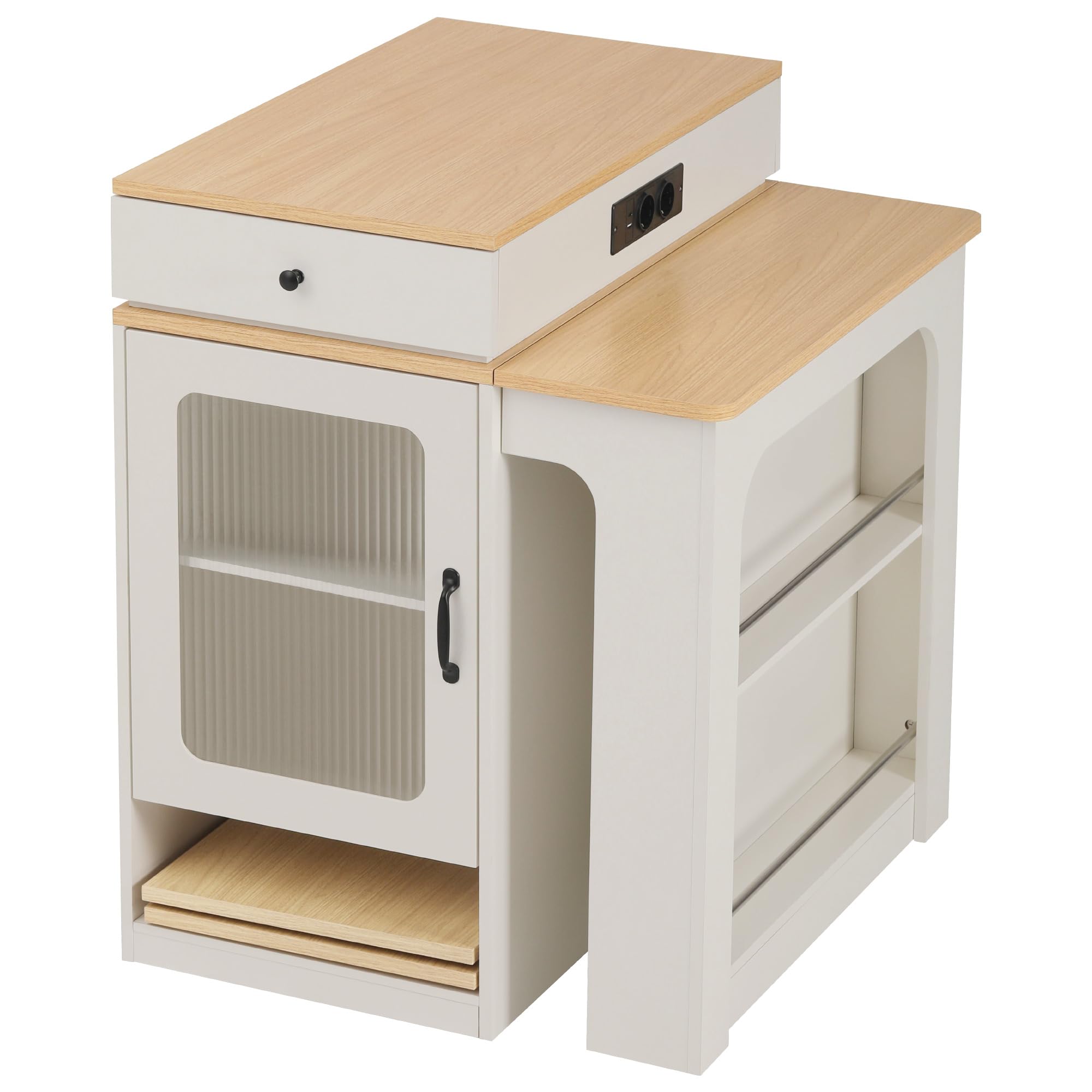 Isola da Cucina con Ruote, Carrello Servizio, Tavolo Pranzo Allungabile con Piatto Rimovibile, Tavolo Bar con Ciabatte, Multifunzione (Bianco)