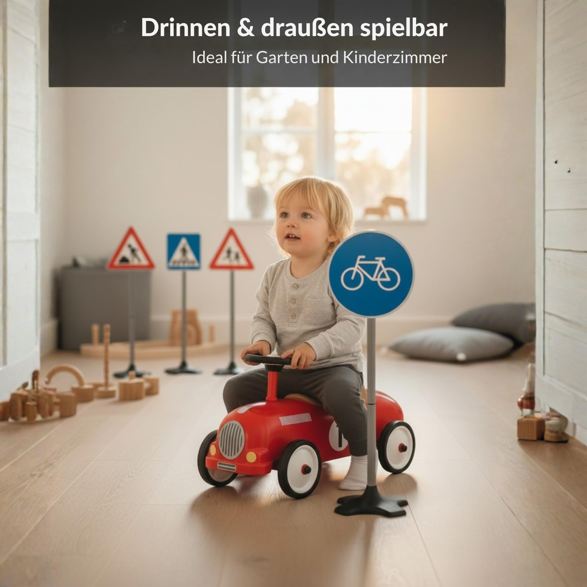 Verkehrsschilder Kinder Set (5 Stück, 75 cm) – Verkehrszeichen Spielzeug für Kinder – Verkehrserziehung Spielzeug für Garten & Kinderzimmer – Straßenschilder Spielset für Laufrad, Fahrrad & Kettcar