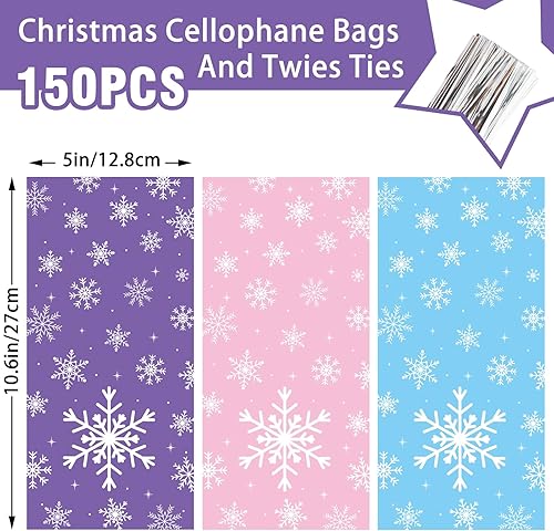 Miniatura 2 de Whaline 150 bolsas de celofán de Navidad, color rosa, azul, morado, copo de nieve, caramelos, galletas, bolsas de plástico con lazos giratorios