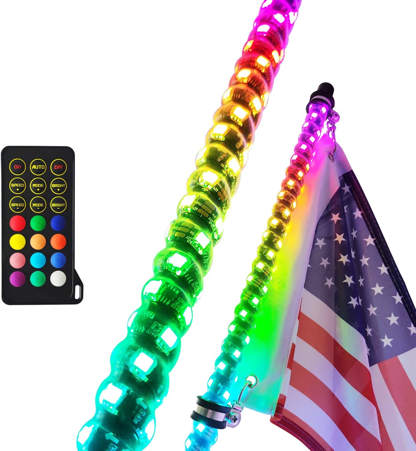 Omotor 1pc 4ft LED Whip Light with Remote Control Spiral RGB Chase Light Offroad 360°Spiraling Rising Dream Wrapped Dancing Whips