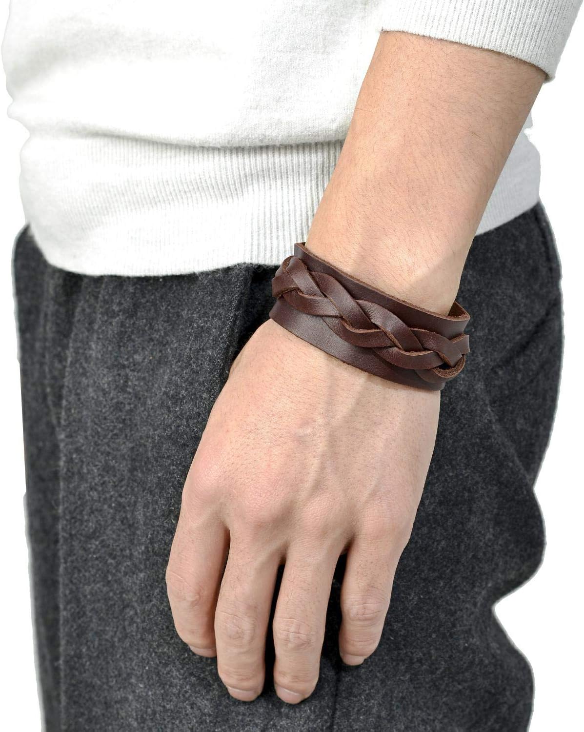 Tornito 3Pcs Genuine Leather Bracelet Braided Biker Cuff Strap Punk Wide Belt Bangle Wristband For Women Men Black Brown Size Adjustable - Image 5