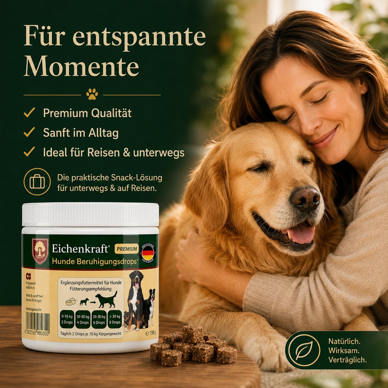Hunde Beruhigungs Drops 270g | Kausnacks Hund für Beruhigung & Entspannungs- Anti-Stress-Mittel mit Baldrian, Ashwagandha, Johanneskraut, Hund beruhigen, Silvester, Autofahrt, Stress, Leckerli