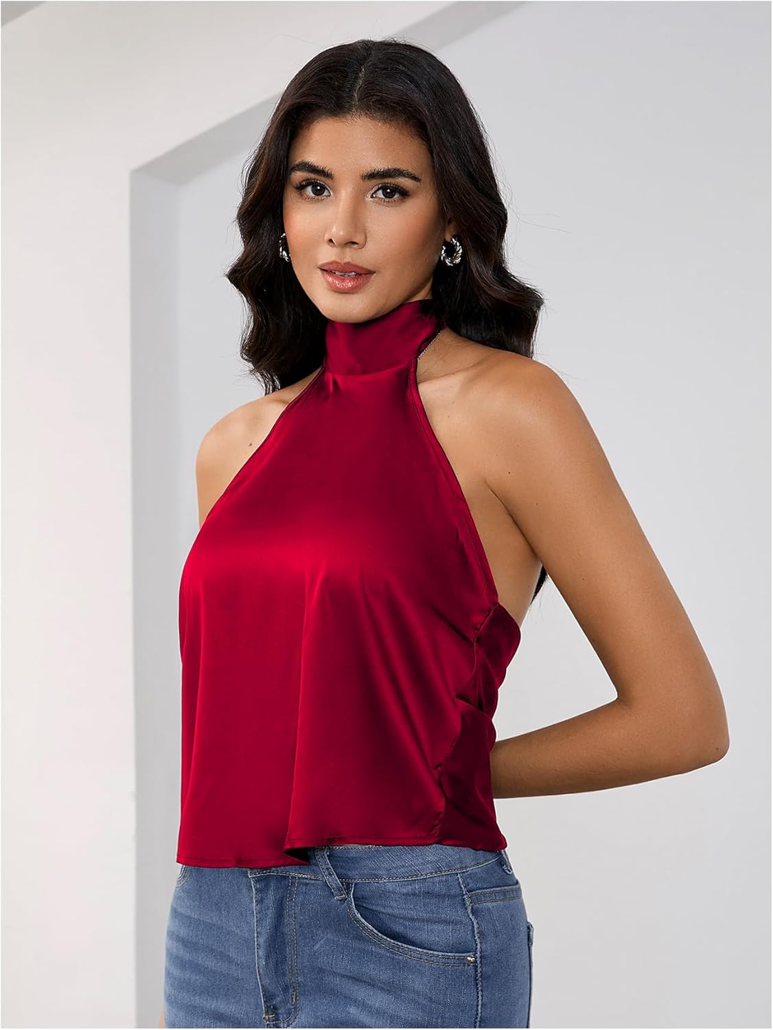 MAKEMECHIC Women's Satin Silk Halter High Neck Tops Backless Sleeveless Camisole Party Club Classy Going Out Top - Image 5