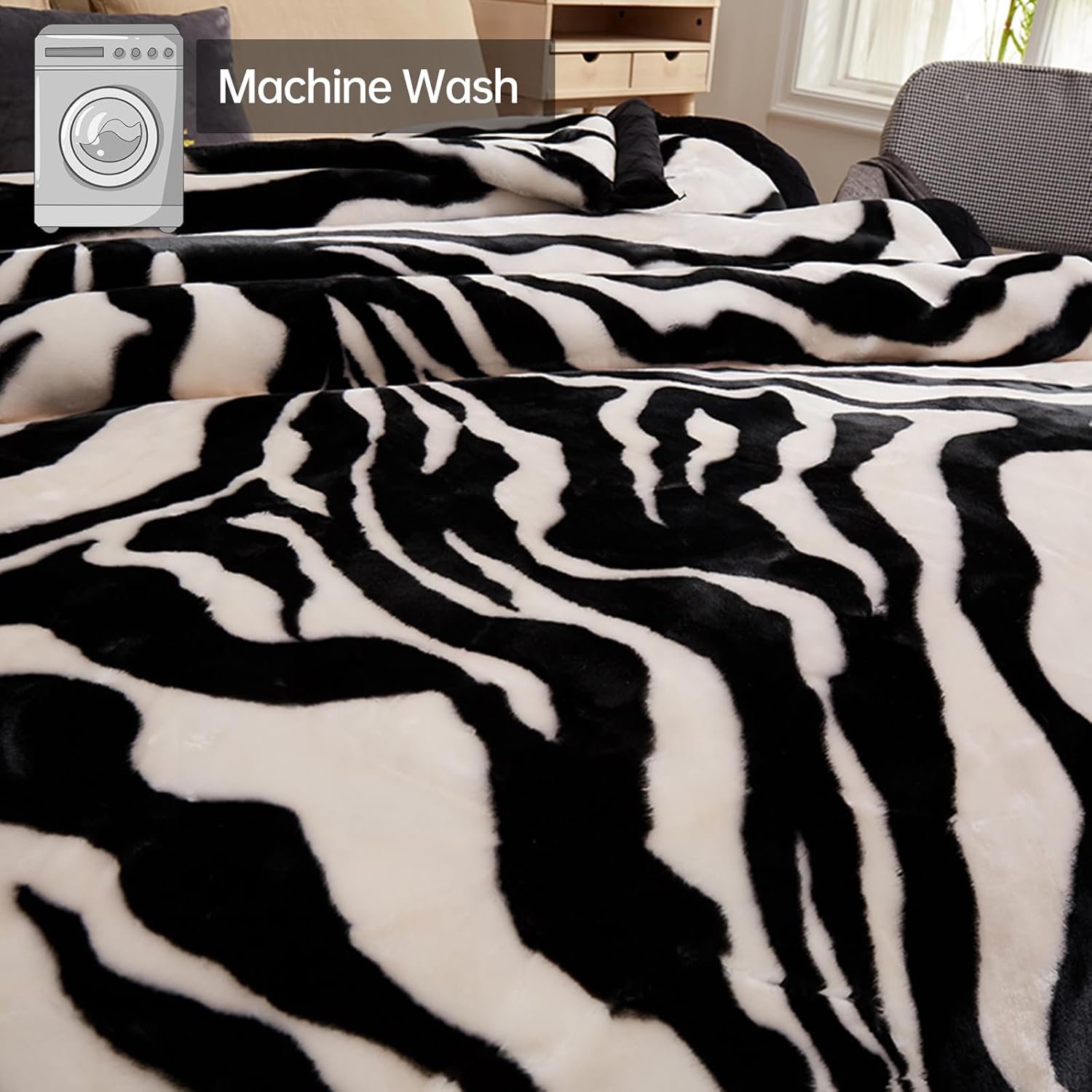 Heavy Korean Mink Blanket, 6.6LB Zebra Thickness Winter Black and White Plush Double-Layer Blanket Ultra Soft Warm for Bed(Black+Cream)