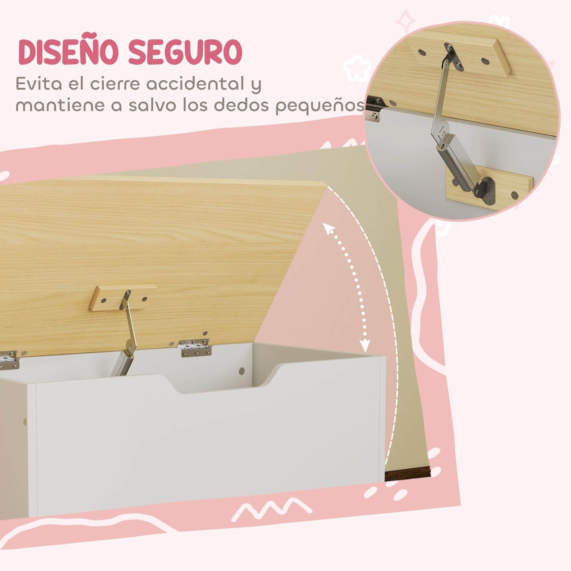 AIYAPLAY Caja de Almacenaje de Juguetes con Ruedas, Blanco y Natural | Baúl Juguetes Infantil, Tapa Abatible, Bisagra de Seguridad, Diseño de Nube, Dormitorio, Sala de Juegos, Guardería