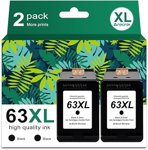 63XL - Cartuchos de tinta de repuesto para HP 63 XL (negro, paquete de 2 unidades) funciona con HP63 3830 4650 4652 4655 5200 5252 5255 5258 4520