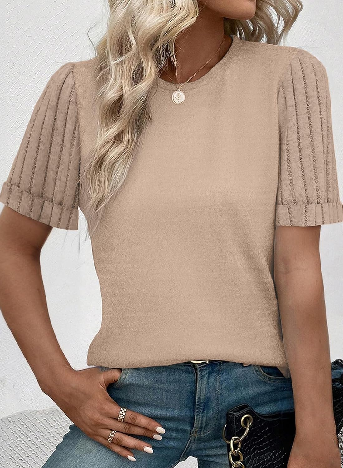 SHEWIN Women's Short Sleeve Summer Tops Crewneck Knit Solid Loose Casual Basic T Shirts Tee Blouses - Image 2