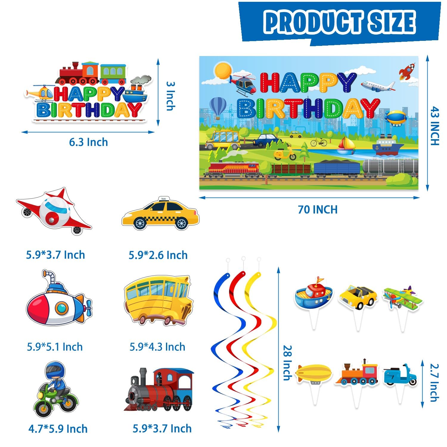 Transportation Birthday Party Kit - 192 Piece Complete Decor Set With Balloons, Banners & Tableware