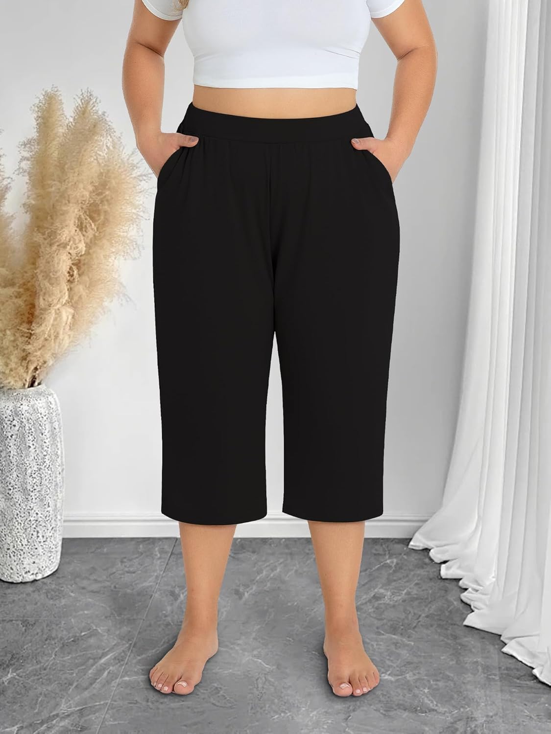 3 Pack Women's Plus Size Capri Sweatpants Loose Cropped Yoga Lounge Pajama Pants with Pockets for Summer - Image 3