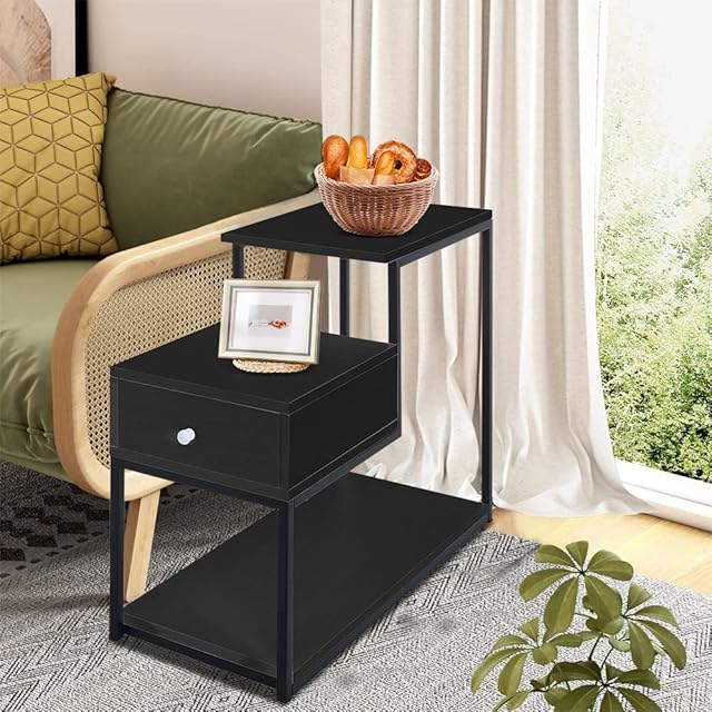 INMOZATA Ladder Shaped Side Table 3 Tier End Table Slim Bedside Table Sofa Side Table with Drawer Storage Shelves for Living Room Bedroom (Black)