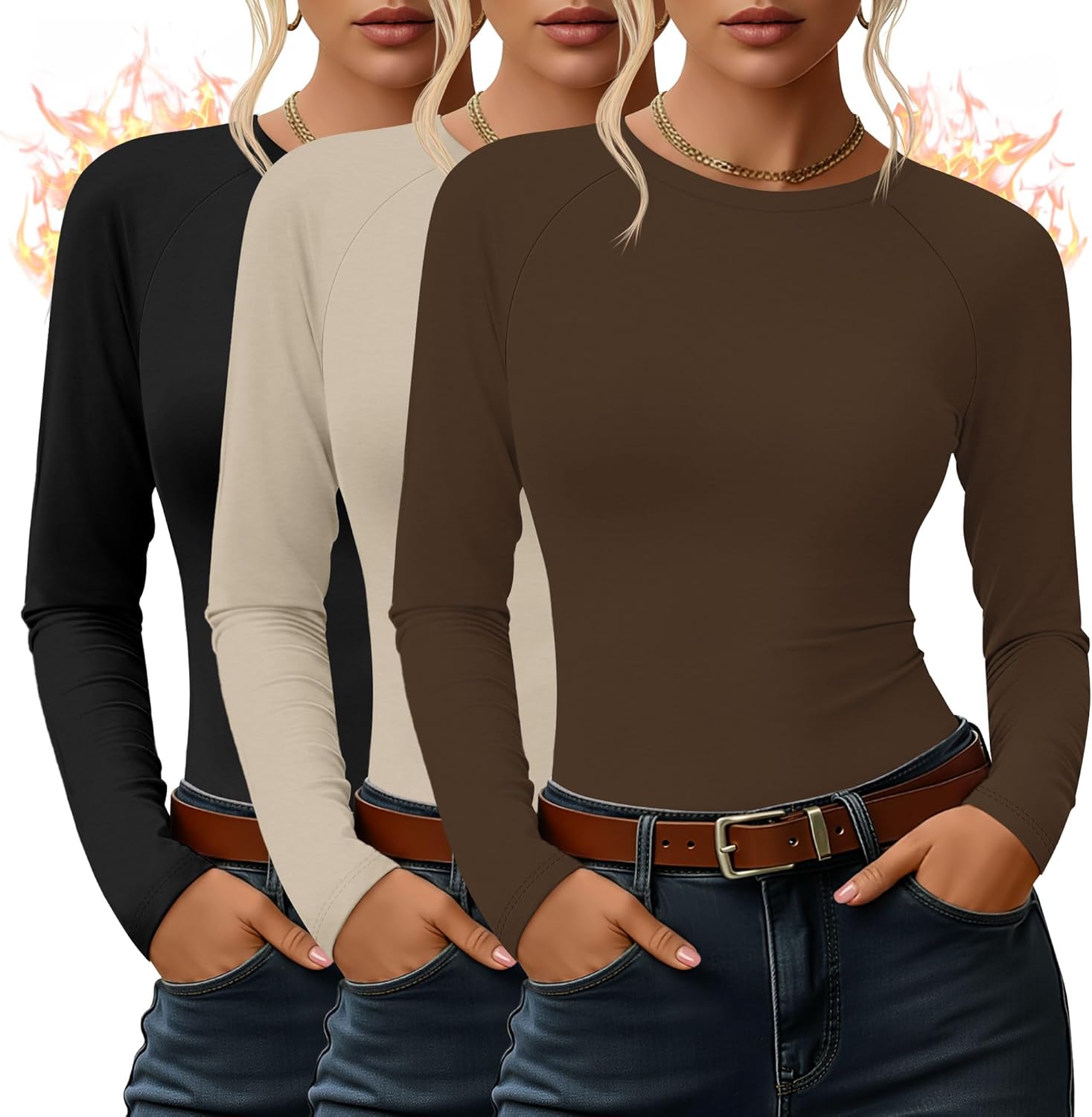 Yearntown 3 Pack Women's Thermal Shirts Fleece Lined Long Sleeve Top Crew Neck Raglan Thermal Winter Base Layer Undershirts