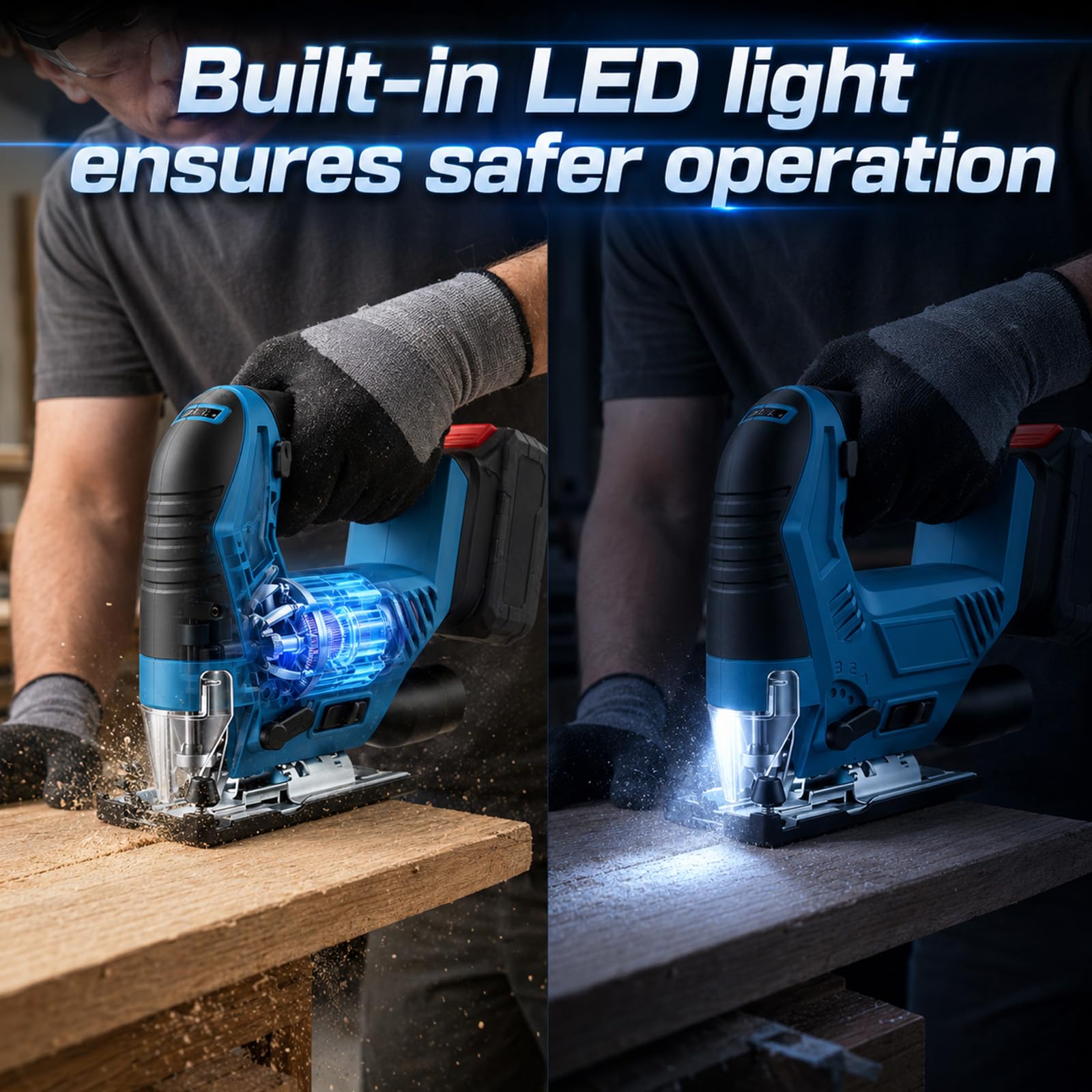 Sierra de calar con batería compatible con baterías Makita de 18 V, sierra de calar pendular con 7 velocidades, corte de inglete de ± 45°, luz LED, cambio de hoja de sierra sin herramientas, para