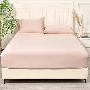 PHF 100% Rayon Derived from Bamboo Fitted Sheet King Size, 16" Deep Pocket,2.5cm Wider Strong Elastic Easy Fit, Breathable Silky Soft Skin-Friendly for Hot Sleeper,78"x 80",Peach Blush,No Pillowcases