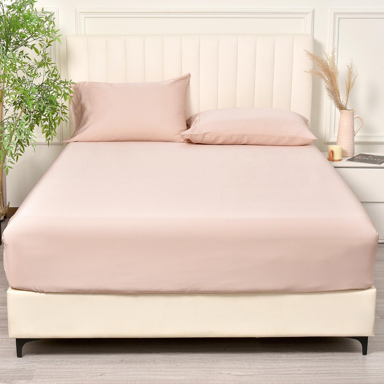 PHF 100% Rayon Derived from Bamboo Fitted Sheet Queen Size, 16" Deep Pocket,2.5cm Wider Strong Elastic Easy Fit, Breathable Silky Soft Skin-friendly for Hot Sleeper,60"x 80",Peach Blush,No Pillowcases