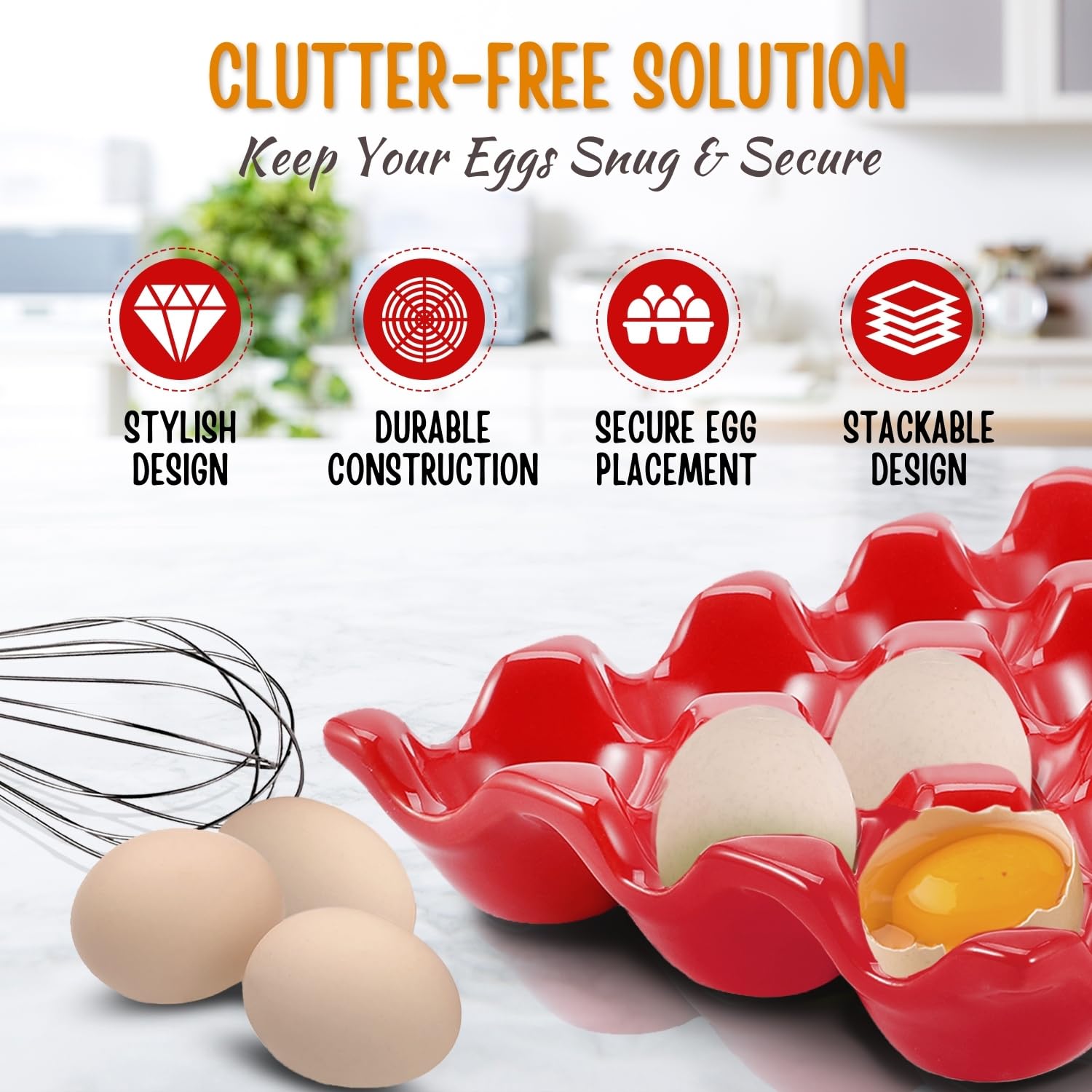 Flexzion 12 + 6 Cups Ceramic Egg Holder for Fridge - 18 Porcelain Egg Tray Container Keeper Storage Organizer Decorative Serving Stand Serveware for Refrigerator Countertop Display Kitchen (Red) - Image 4