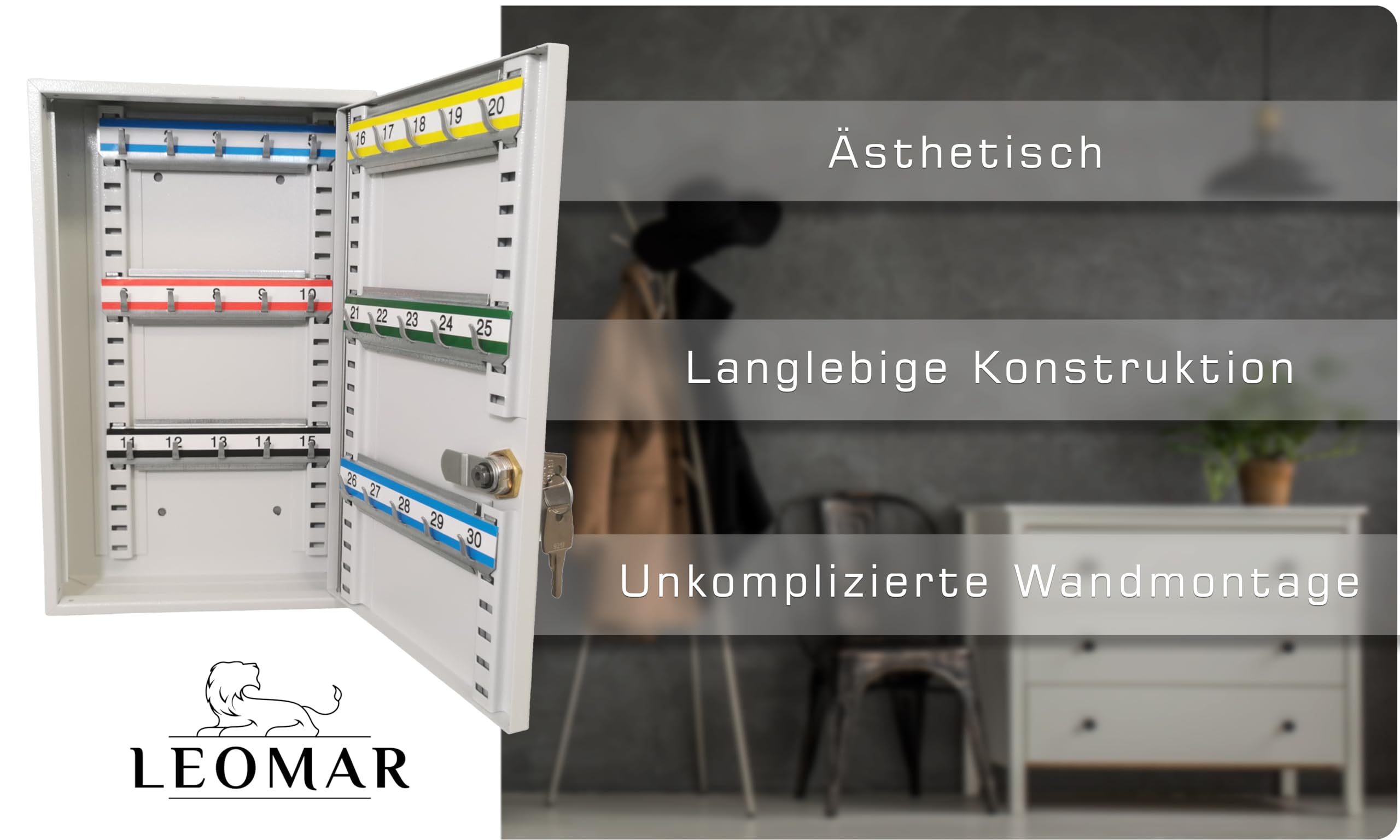 LEOMAR Schlüsselschrank mit 30 Haken, Schlüsselkasten aus Stahlblech, bewegliche Hakenleisten, abschließbar, Schlüsselbox zur Wandmontage,6 x 20 x 32 cm