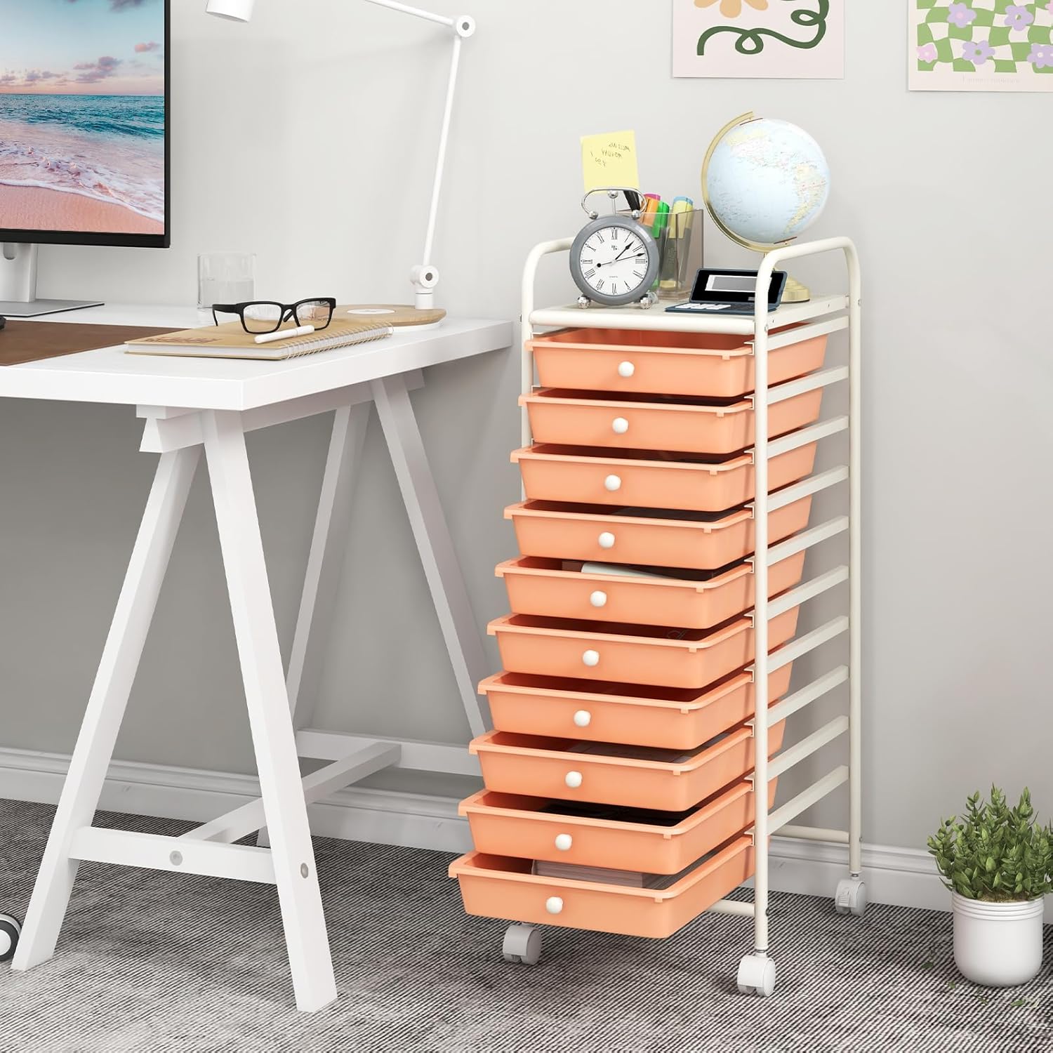 MEDIMALL 10 Drawers Rolling Storage Cart, Multipurpose Craft Storage Cart with Wheels, Mobile Tools Scrapbook Paper Organizer Cart for Office School Home Use