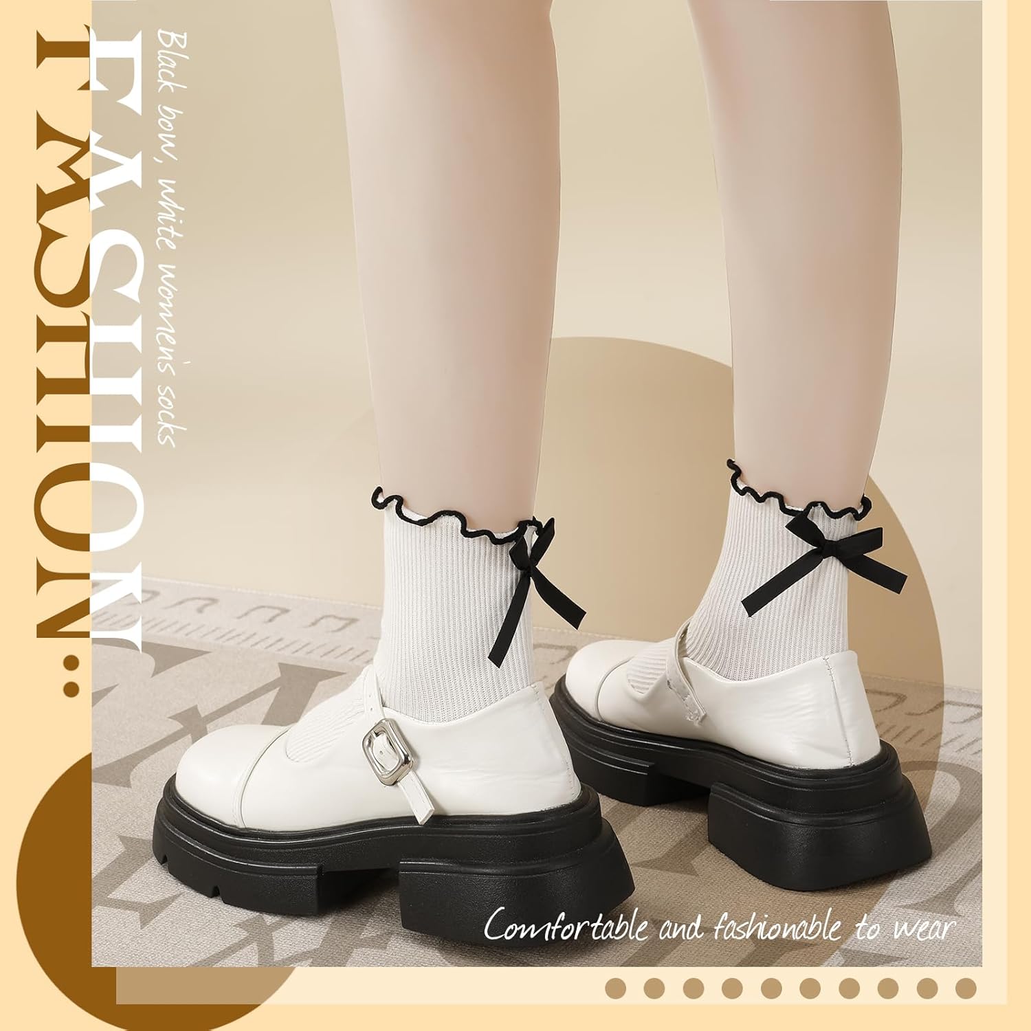 6 Pairs Womens Bow Socks Ruffle Casual Crew Socks Cute Black White Soft Breathable Cotton Frilly Ankle Socks - Image 6