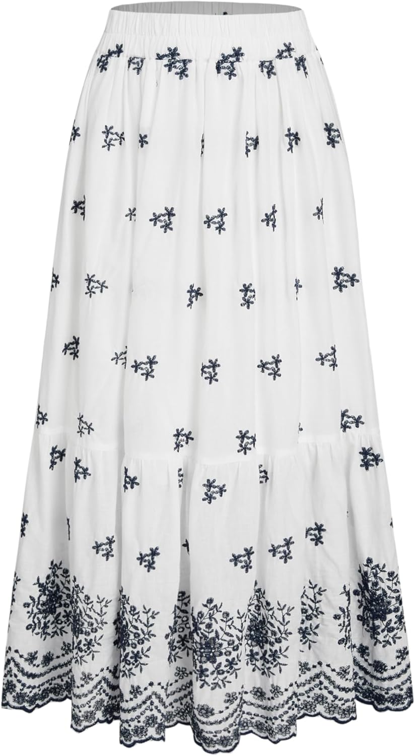 CIDER Skirts for Women Elastic High Waisted Ruffle Hem Floral Boho Long Maxi Skirts Vacation Beach Outfits