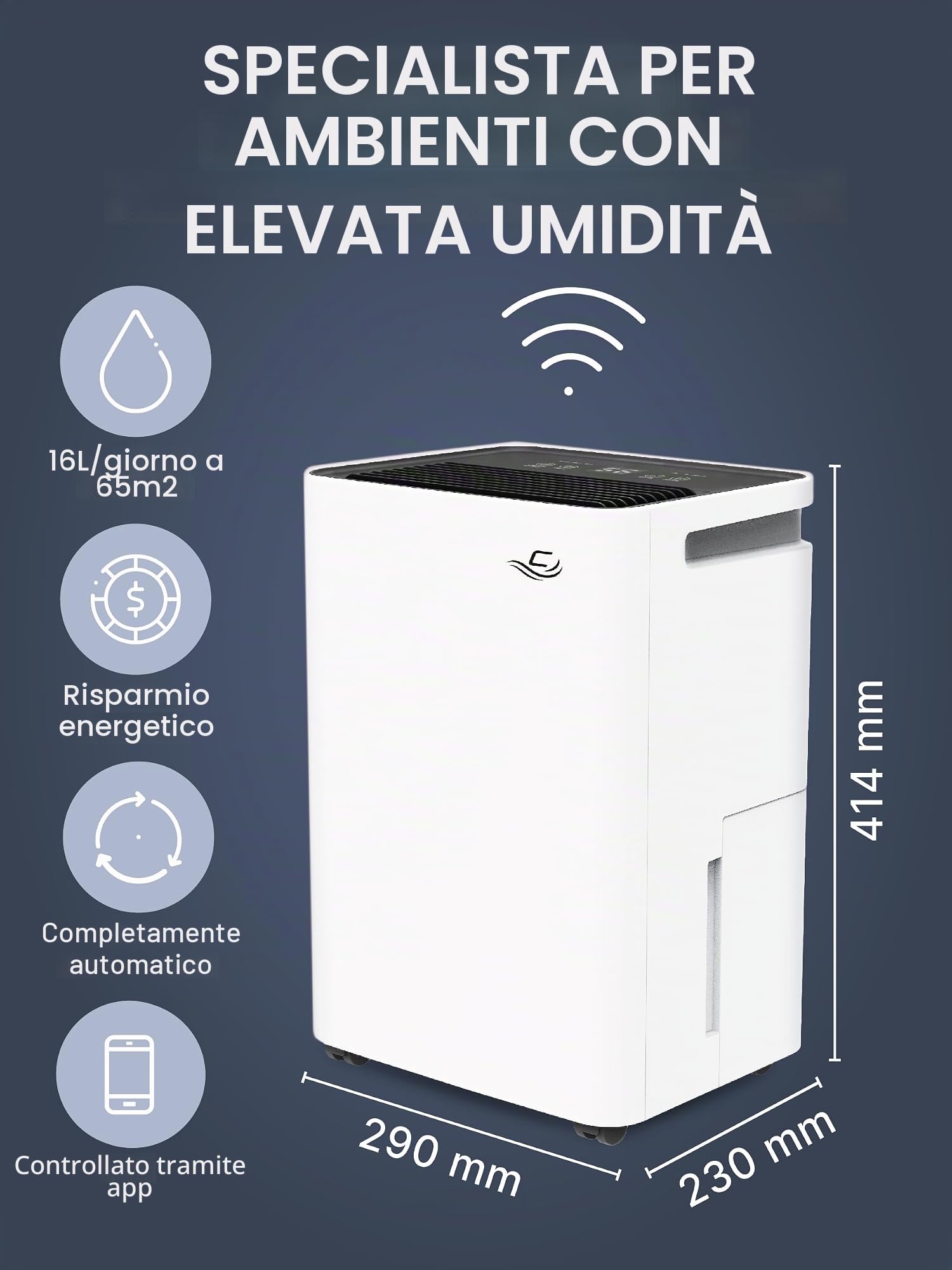 Comedes Demecto 16 eco WiFi – potente deumidificatore (max. 16 l/24 h) adatto per ambienti fino a 65 m²/150 m³, compatibile con app