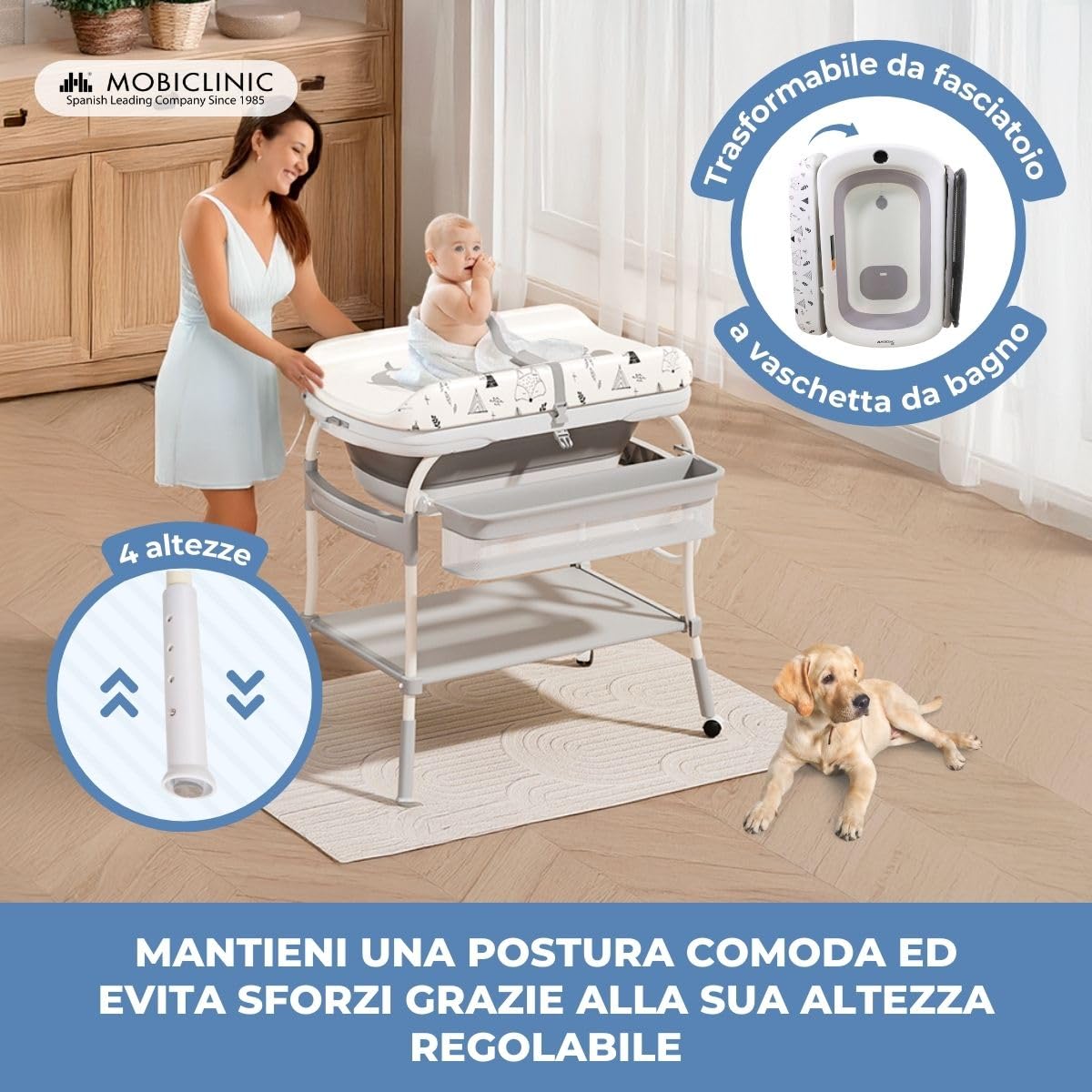 Mobiclinic® kids, Fasciatoio con vaschetta bagnetto 2 in 1, Trendy, Regolabile 4 altezze, Termometro, Ruote freno, Cestini portaoggetti, Fino a 50 kg, Tubo di drenaggio, 0-36 mesi