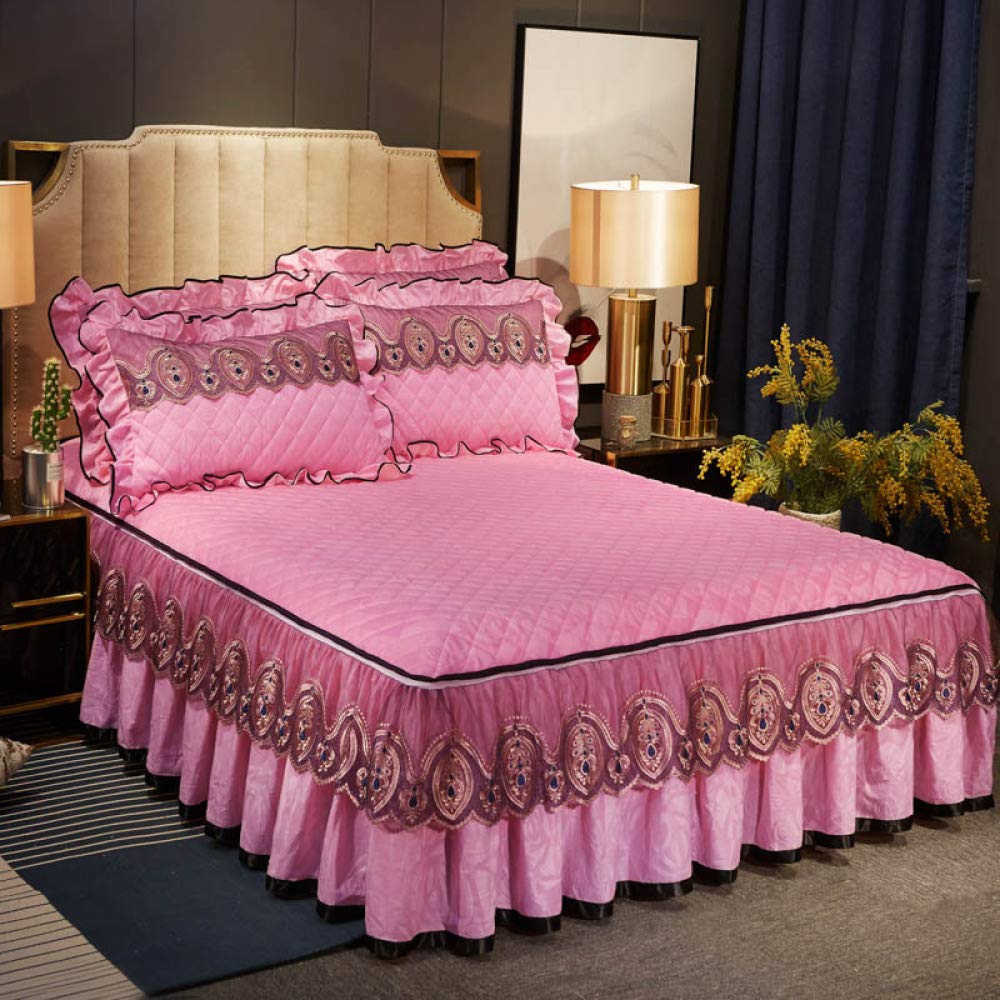 Ruffle Skirt Bedspread Princess Bedding Pillowcases Velvet Thick Warm Lace Fitted Sheet Quilted Bed Cover European 3pcs Mattress Cover King Queen Size,I-Twin(120x200cm+Pillowcases)