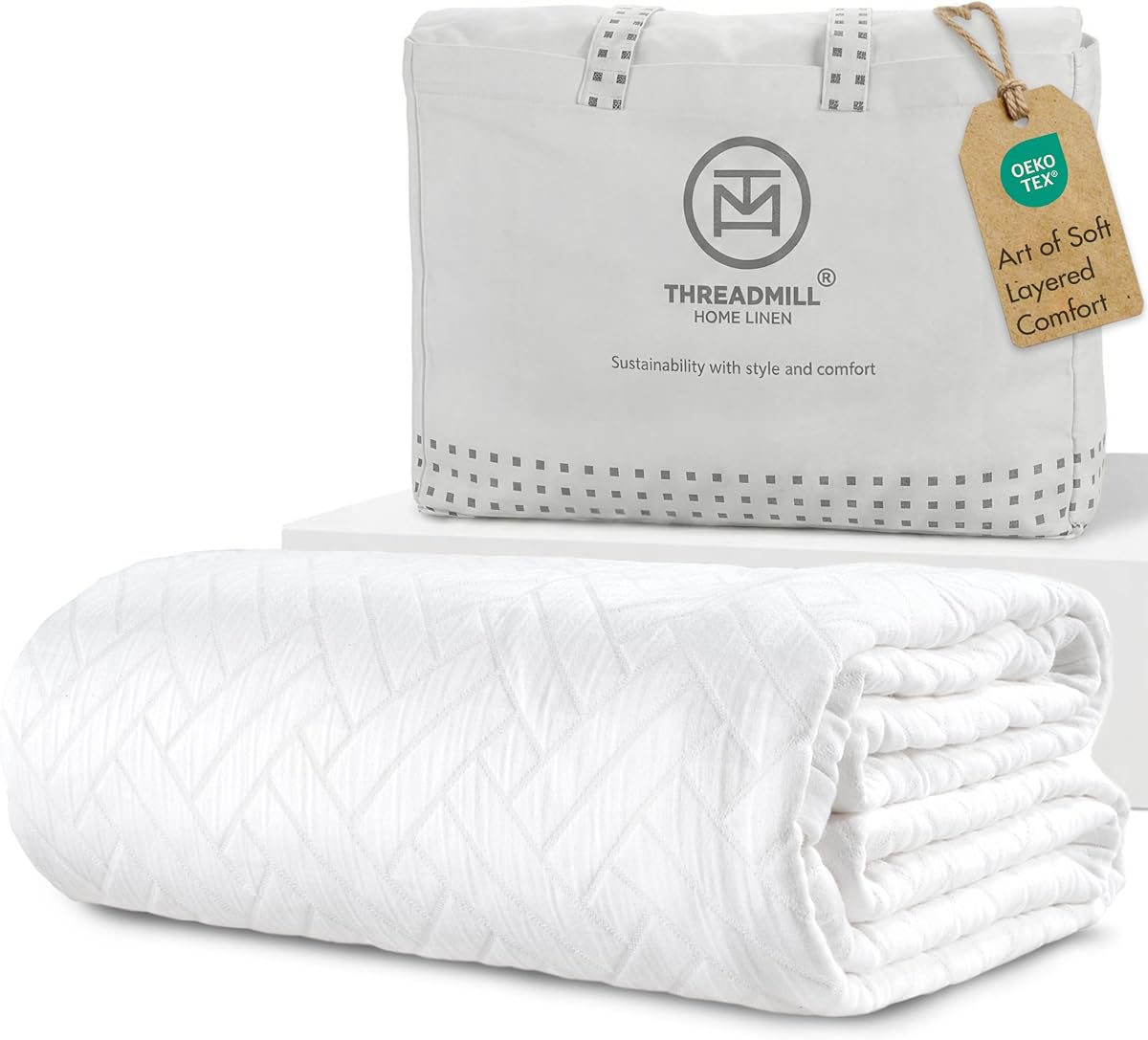 Threadmill Luxury Cotton Blankets for Queen Size Bed | All-Season 100% Cotton Queen Size Blanket | Criss Cross Jacquard Cozy Lightweight, Soft Breathable Coverlet fits Full Size Bed, 90x92 | White | 100% Cotton, Jacquard Pattern, 90x92 in, Breathable, Moisture-Wicking, All-Season, Lightweight, OEKO-TEX Certified