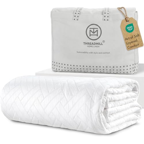 Threadmill Cotton King Coverlet Blanket, Jacquard, White,Long-Staple Cotton | 100% Cotton, Jacquard Pattern, 106x92 in, All-Season, Lightweight, OEKO-TEX Certified, Machine Washable