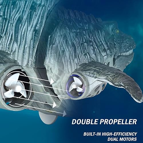 Miniatura 7 de Juguetes de dinosaurio 2.4G para niños, barco Mosasaurus RC de alta simulación con luz y rociador de agua para piscina y baño (con 2 baterías)