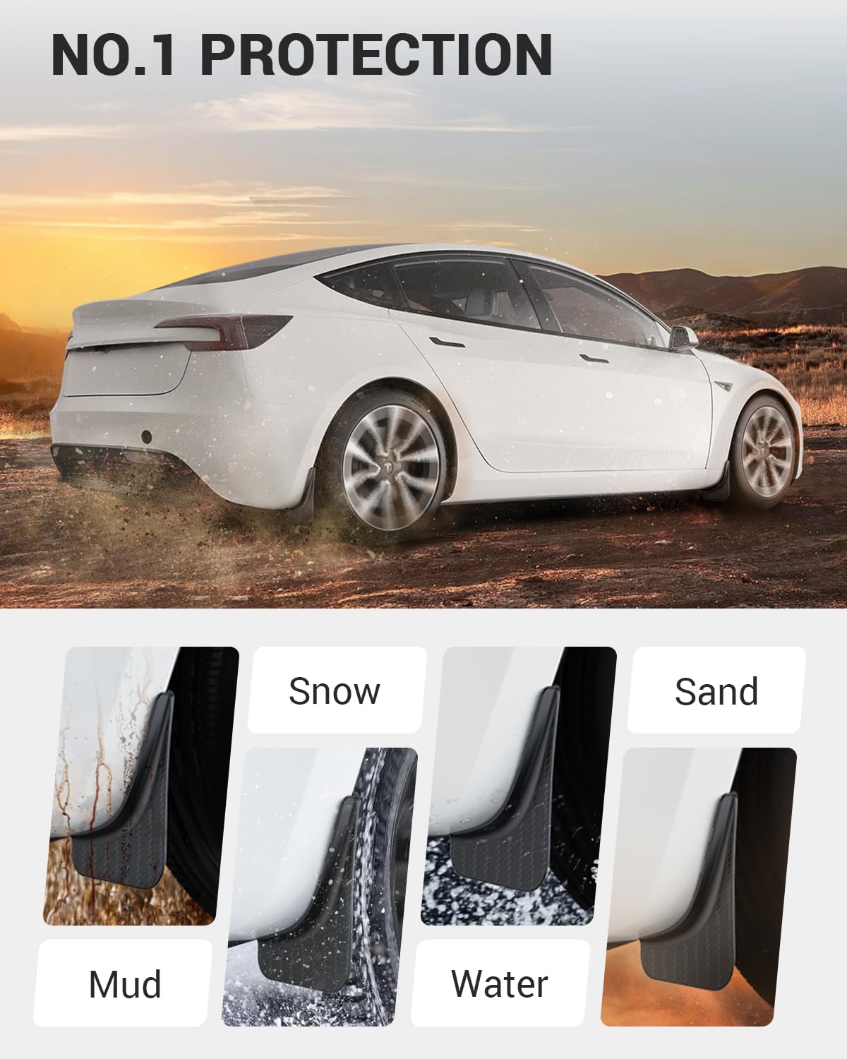 BASENOR Nowa wersja 2024-2026 Tesla Model 3 Highland Mud Flaps Splash Guards [Bez wiercenia, bez taśmy] [10x mocniejsze] All Weather Tire Protector Mudflaps do modelu 3 2024-2026 Akcesoria zewnętrzne