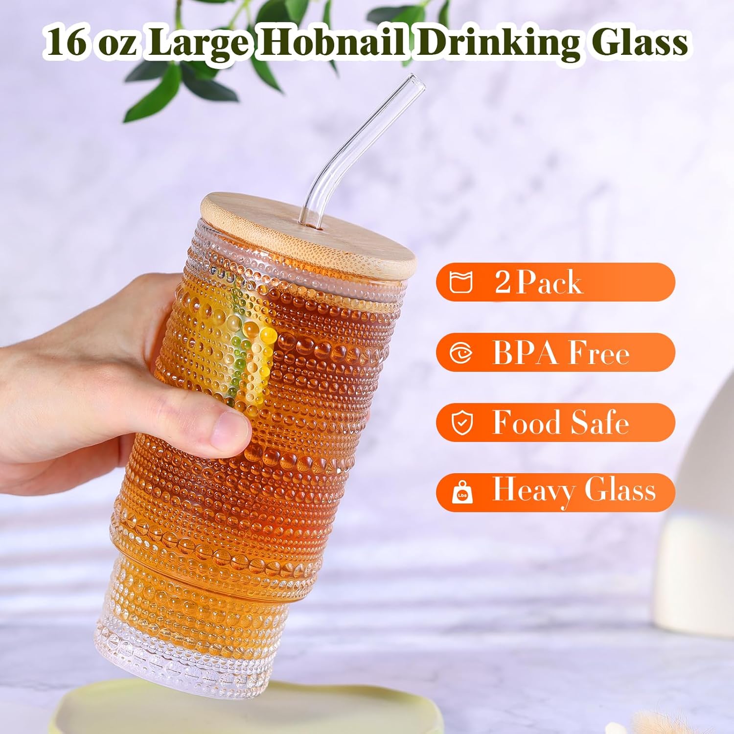 16 oz Glass Cups with Lids and Straws, Clear Iced Coffee Cups with Lids, Hobnail Drinking Glasses Tumbler Set for Matcha Latte Juice (2 Pack) - Image 3