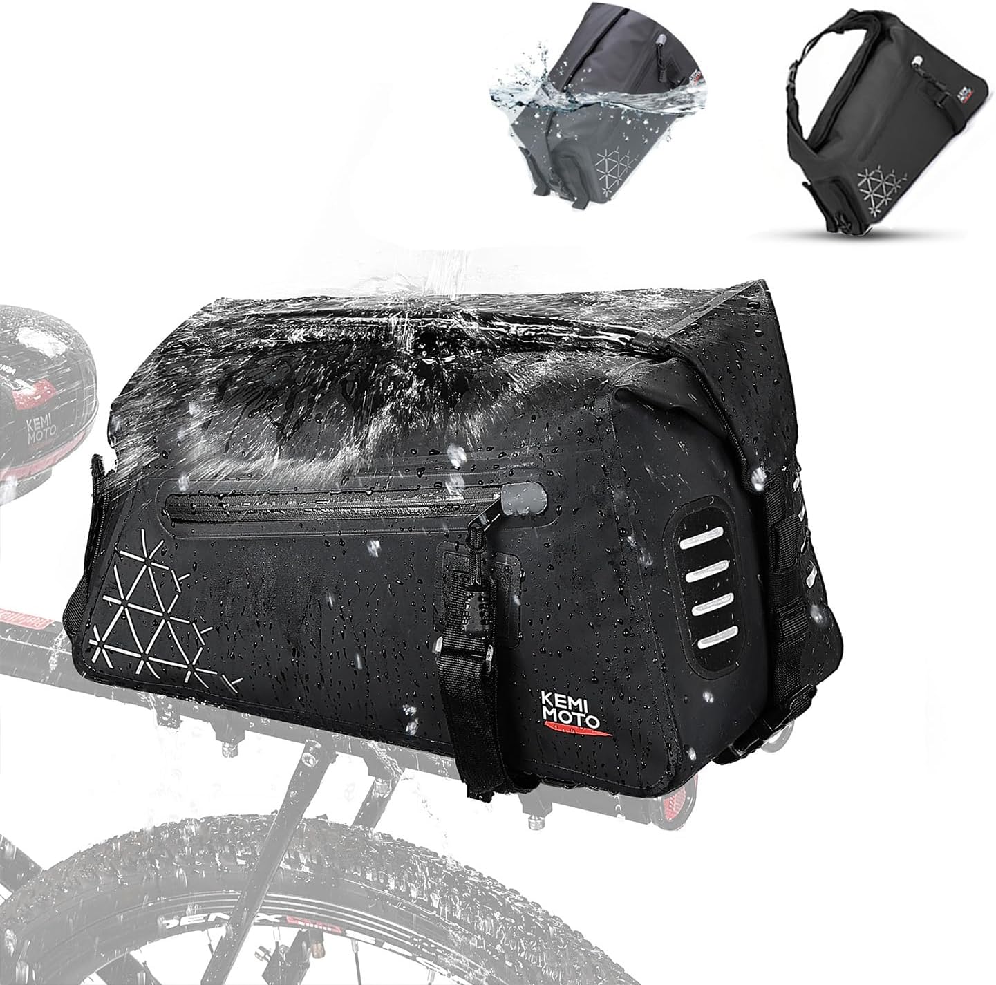 KEMIMOTO Bike Bag Full Waterproof, Bike Rear Rack Bag 16L Capacity, Bicycle Trunk with Two Shoulder Straps for Road and Mountain Cycling Travel (Black)