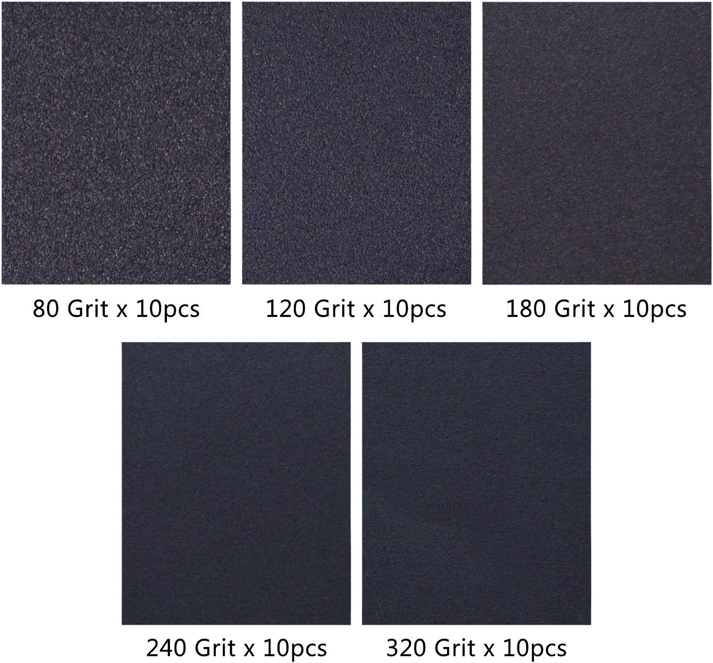 1/4 Sheet Sandpaper Assorted 80/120/180/240/320 Grit Hook & Loop or Clip on Sander Sheets 5.5" x 4.5" Silicon Carbide Sanding Sheets for Wet/Dry Palm Sanders Polishing Accessories, 50PCS - - 