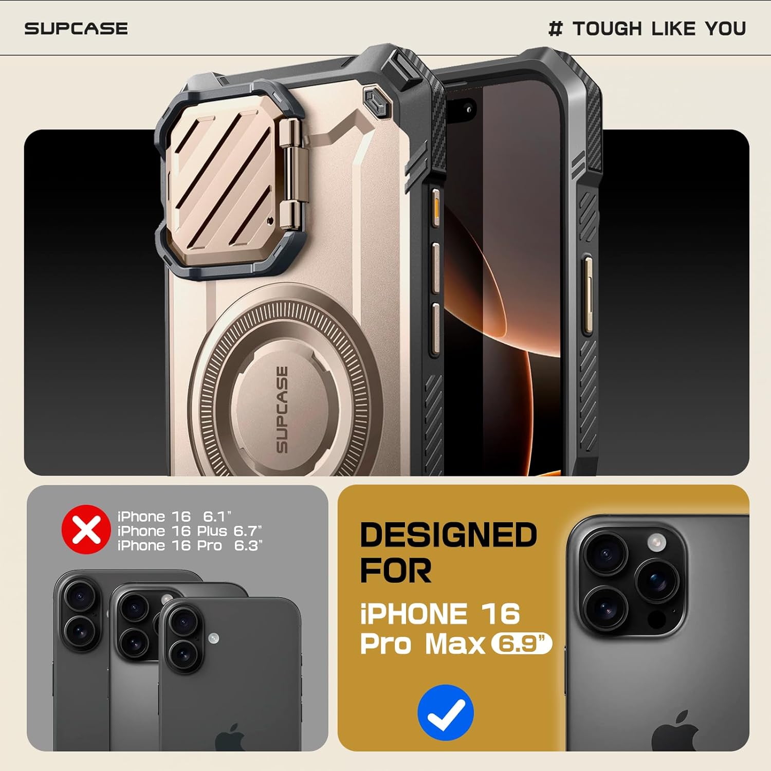SUPCASE for iPhone 16 Pro Max Case with Camera Cover Stand (UBMag XT), [Compatible with MagSafe] [Built-in Kickstand] [Military-Grade Protection] Heavy Duty Rugged Magnetic Phone Case, Rosegold