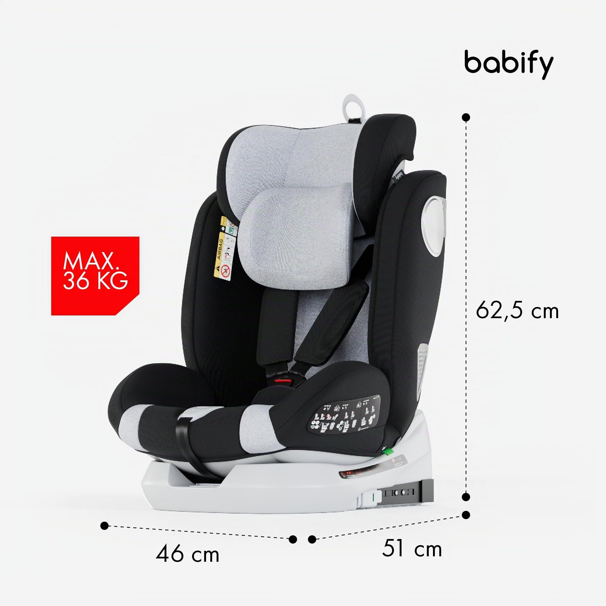 Babify Onboard, Autositz Isofix für Babys und Kinder, 0 Monate - 12 Jahre, 40-150cm, 360°drehbar, tragbarer und sicherer Sitz i-Size ECE R129 Grau