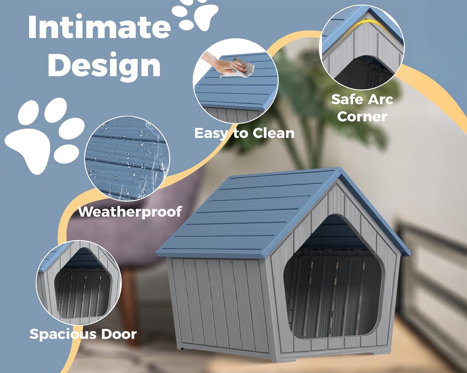 Dog House Indoor Outdoor, Resin Weatherproof Dog House for Dogs and Cats, Durable Outside Doghouse with Air Vents, Easy Clean and Assemble (Blue-1, 23.43 * 22.64 * 22.8 INCH)